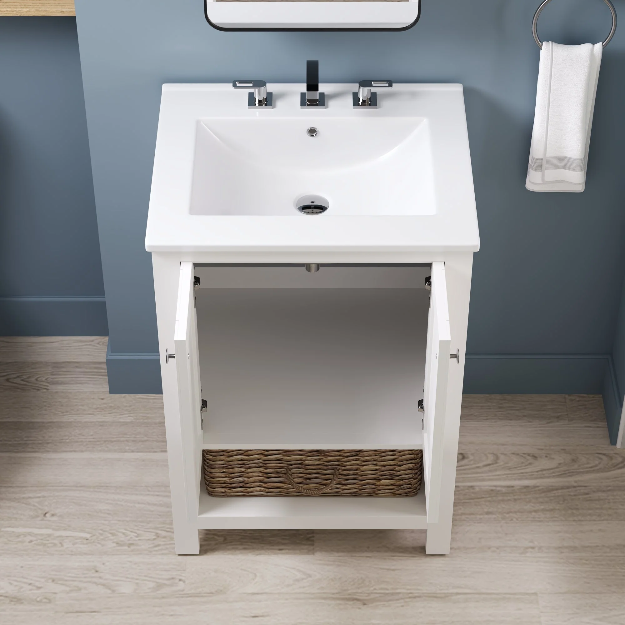 24" Pre-assembled Bathroom Vanity with Sink and Woven Storage Basket, 24 Inch White Vanity for Bathroom with Pre-drilled Holes, White. - Image 5