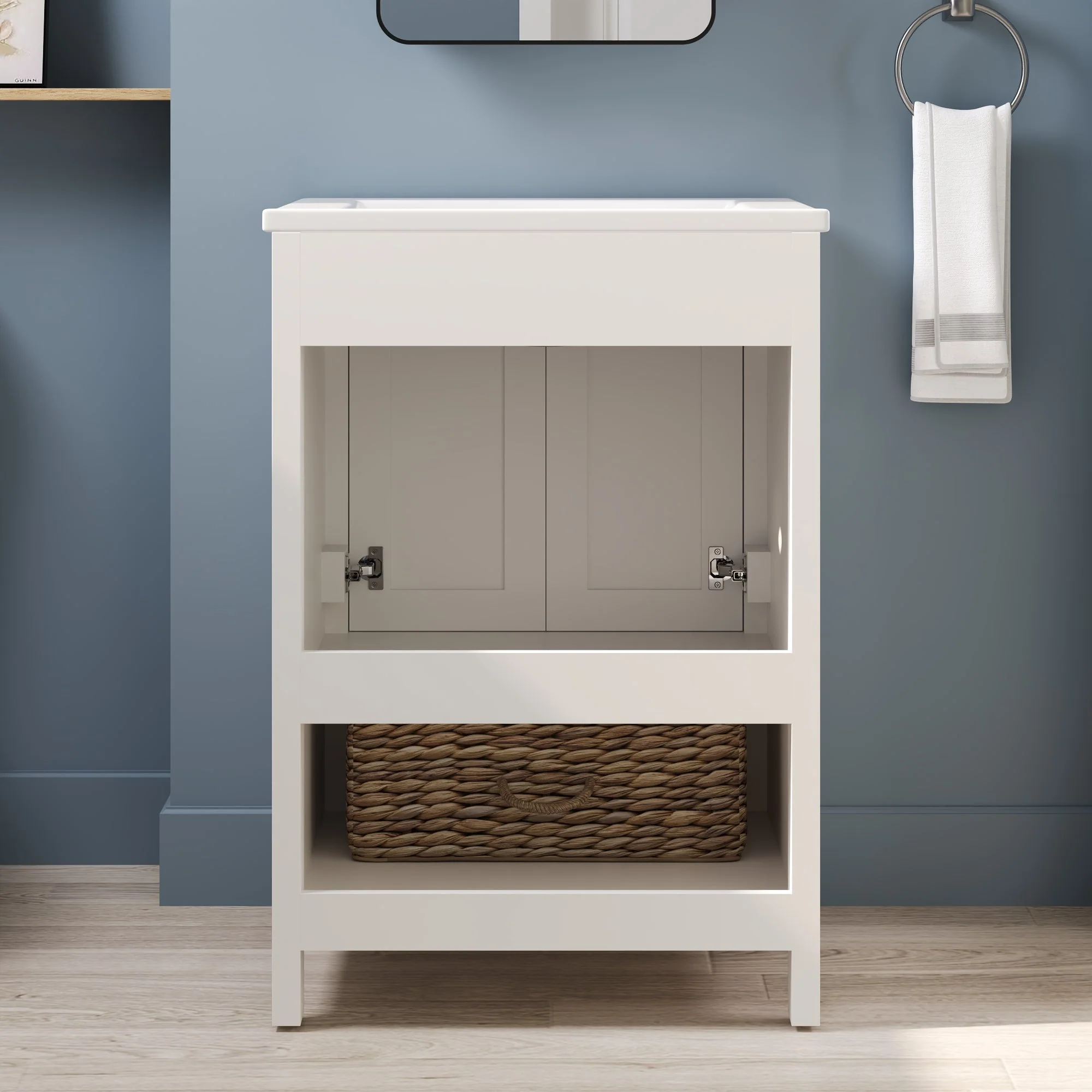 24" Pre-assembled Bathroom Vanity with Sink and Woven Storage Basket, 24 Inch White Vanity for Bathroom with Pre-drilled Holes, White. - Image 6