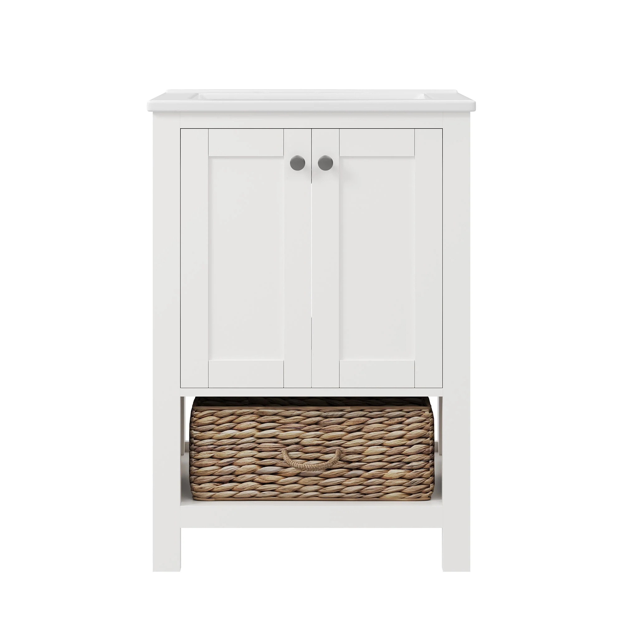 24" Pre-assembled Bathroom Vanity with Sink and Woven Storage Basket, 24 Inch White Vanity for Bathroom with Pre-drilled Holes, White. - Image 8