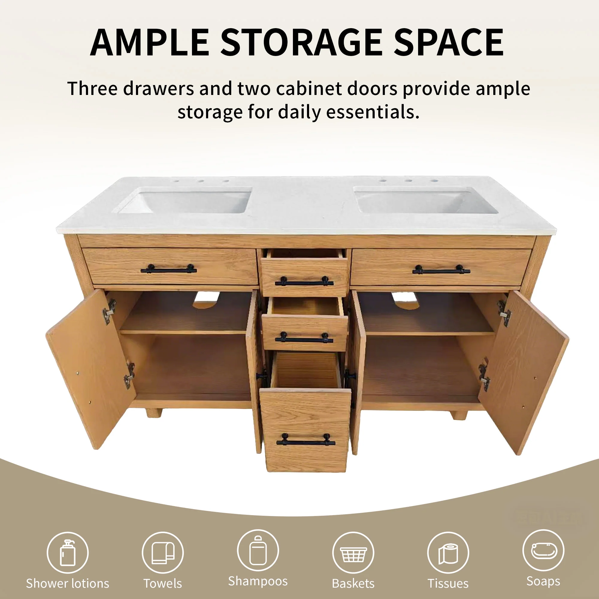 DeerValley DV-1BV0520W/DV-1BV0520NW 60" Fully Assembled Double Bathroom Vanity with Engineered Marble Top, White - Image 12