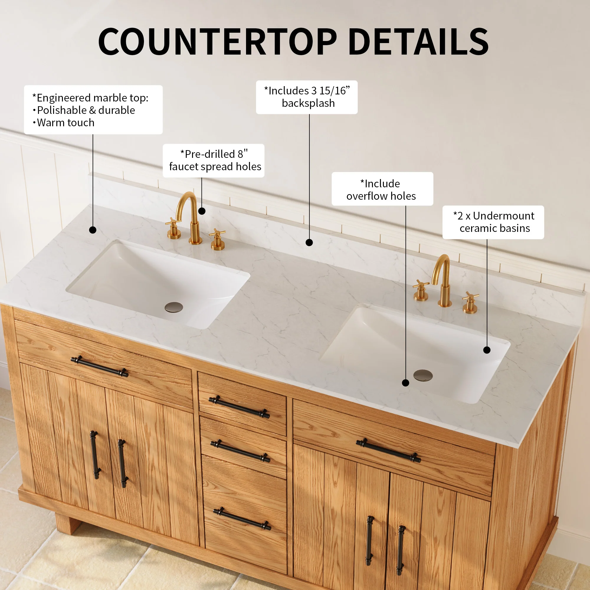 DeerValley DV-1BV0520W/DV-1BV0520NW 60" Fully Assembled Double Bathroom Vanity with Engineered Marble Top, White - Image 13