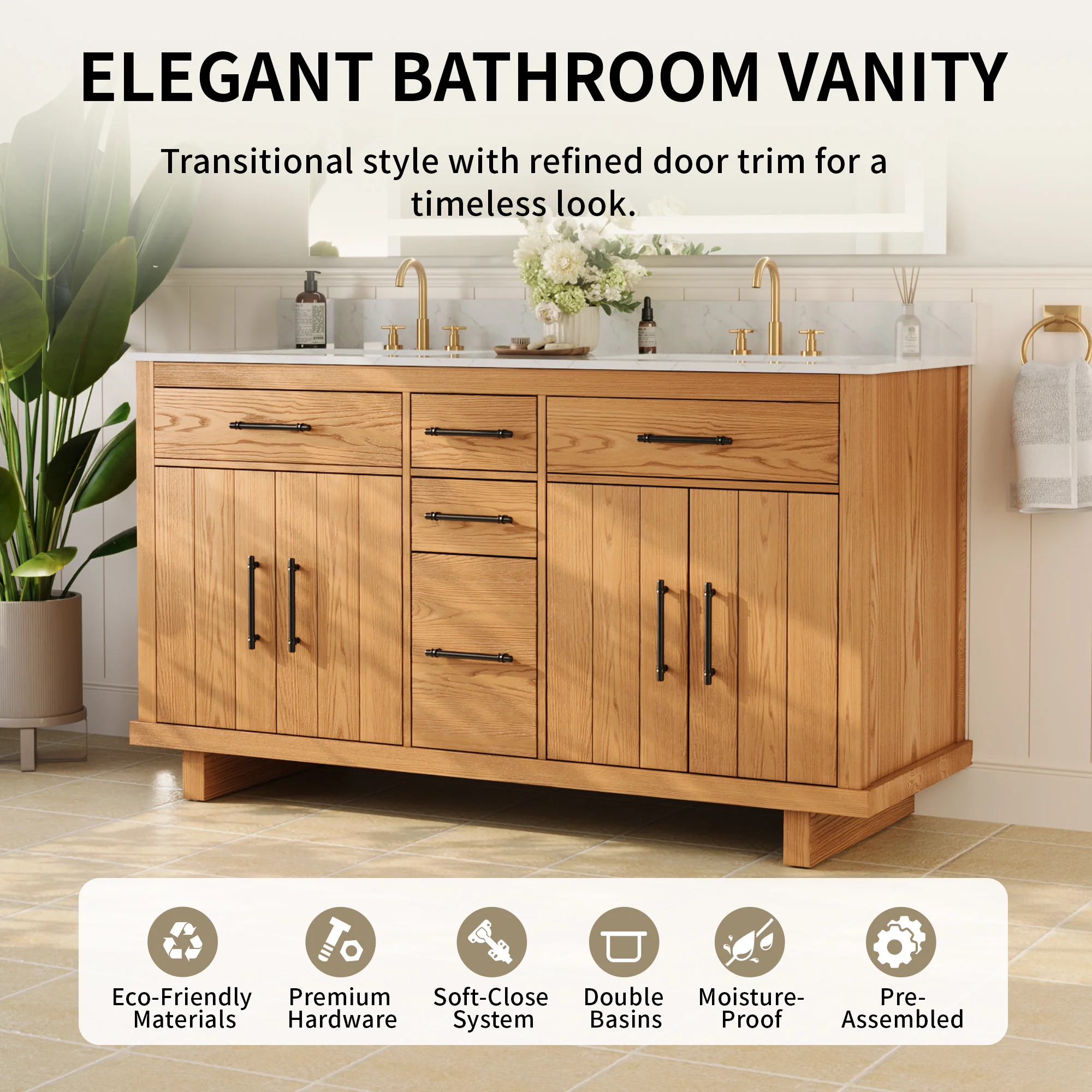 DeerValley DV-1BV0520W/DV-1BV0520NW 60" Fully Assembled Double Bathroom Vanity with Engineered Marble Top, White - Image 14