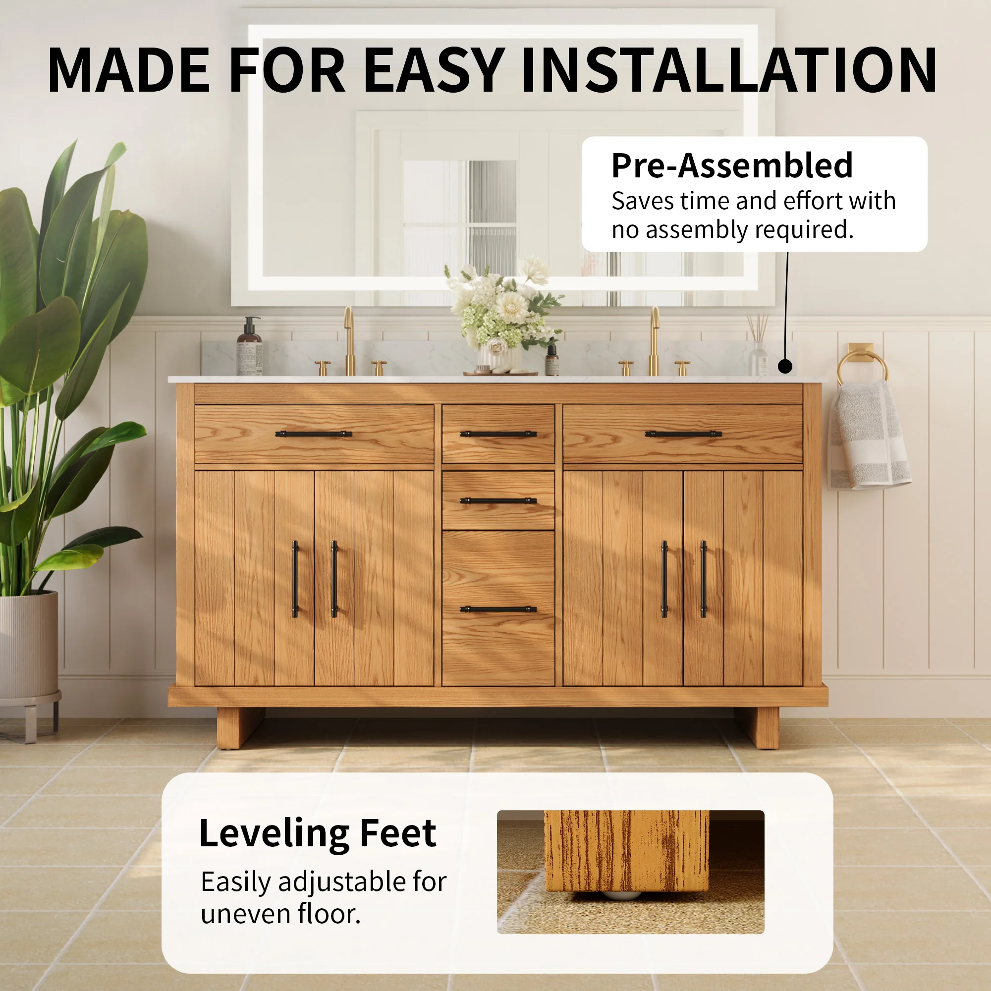 DeerValley DV-1BV0520W/DV-1BV0520NW 60" Fully Assembled Double Bathroom Vanity with Engineered Marble Top, White - Image 15