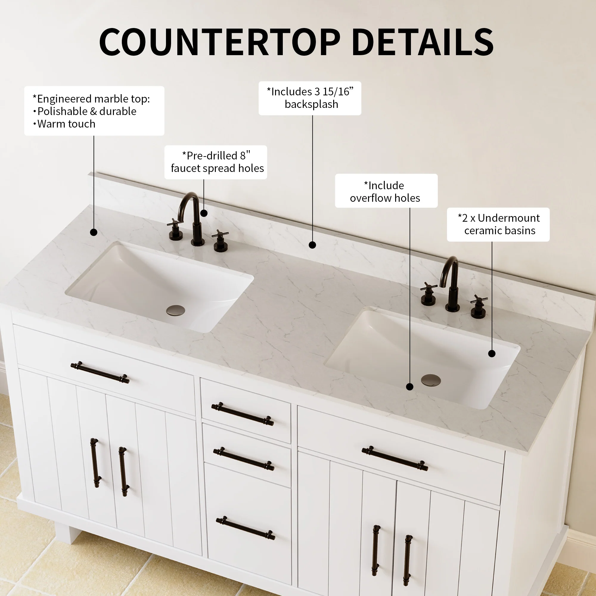 DeerValley DV-1BV0520W/DV-1BV0520NW 60" Fully Assembled Double Bathroom Vanity with Engineered Marble Top, White - Image 4