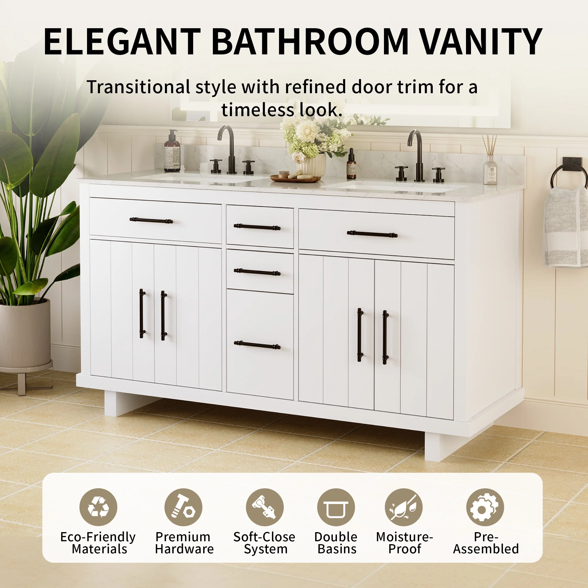 DeerValley DV-1BV0520W/DV-1BV0520NW 60" Fully Assembled Double Bathroom Vanity with Engineered Marble Top, White - Image 5