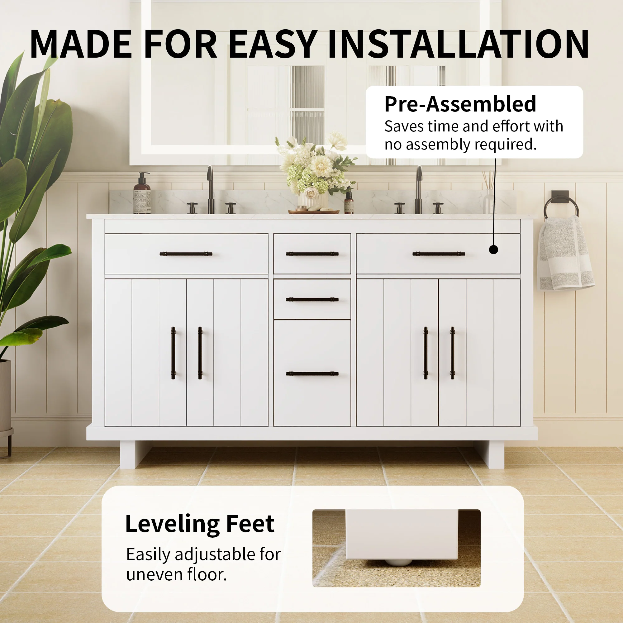 DeerValley DV-1BV0520W/DV-1BV0520NW 60" Fully Assembled Double Bathroom Vanity with Engineered Marble Top, White - Image 6
