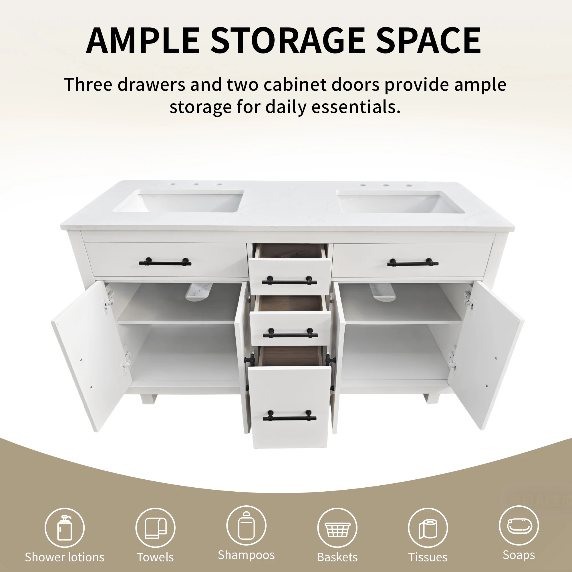 DeerValley DV-1BV0520W/DV-1BV0520NW 60" Fully Assembled Double Bathroom Vanity with Engineered Marble Top, White - Image 8