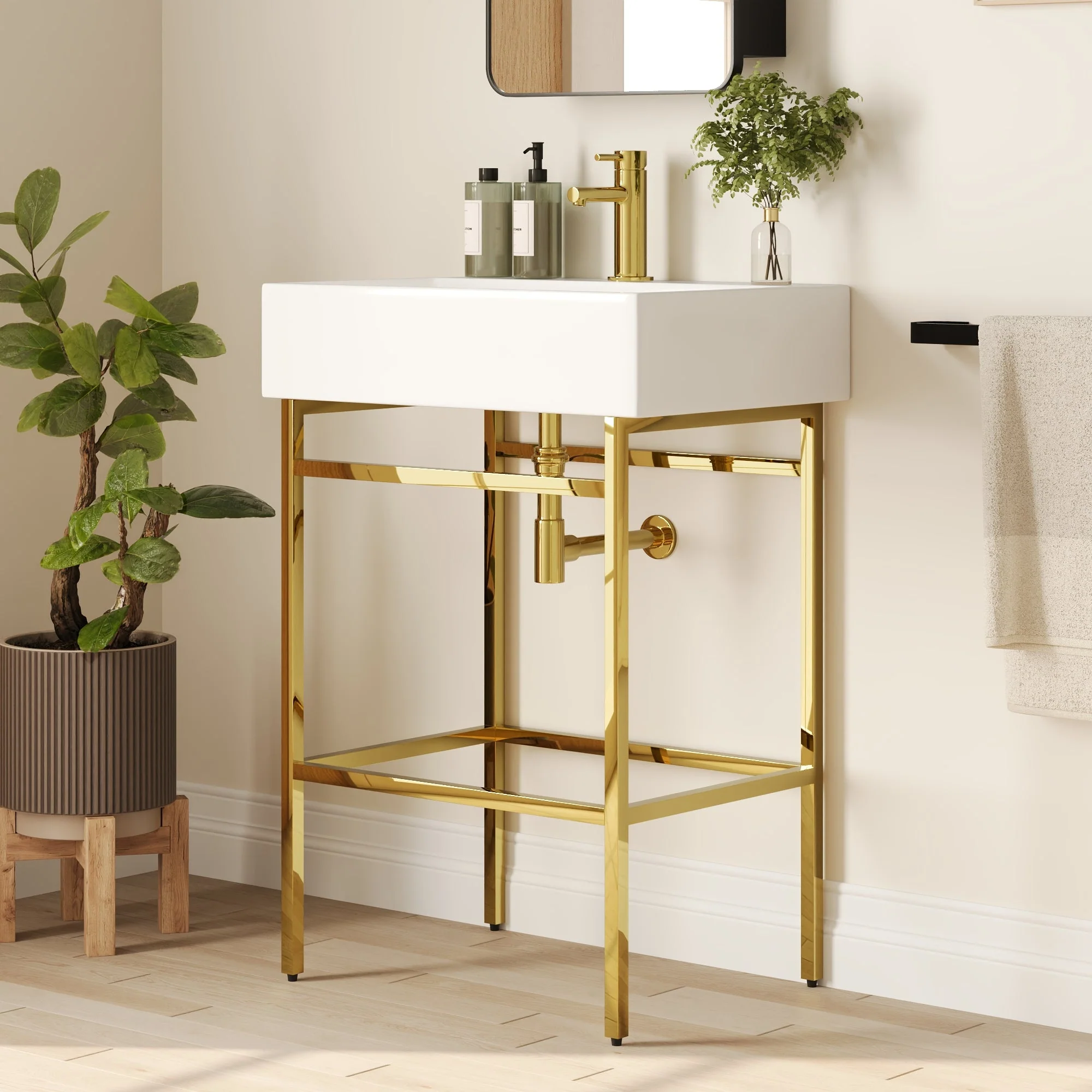 Bathroom Console Sink, 24" W x 17" D x 34" H Rectangular Bathroom Sink with Chrome/Gold/Black Legs Support Ceramic Sink with Overflow - Image 4