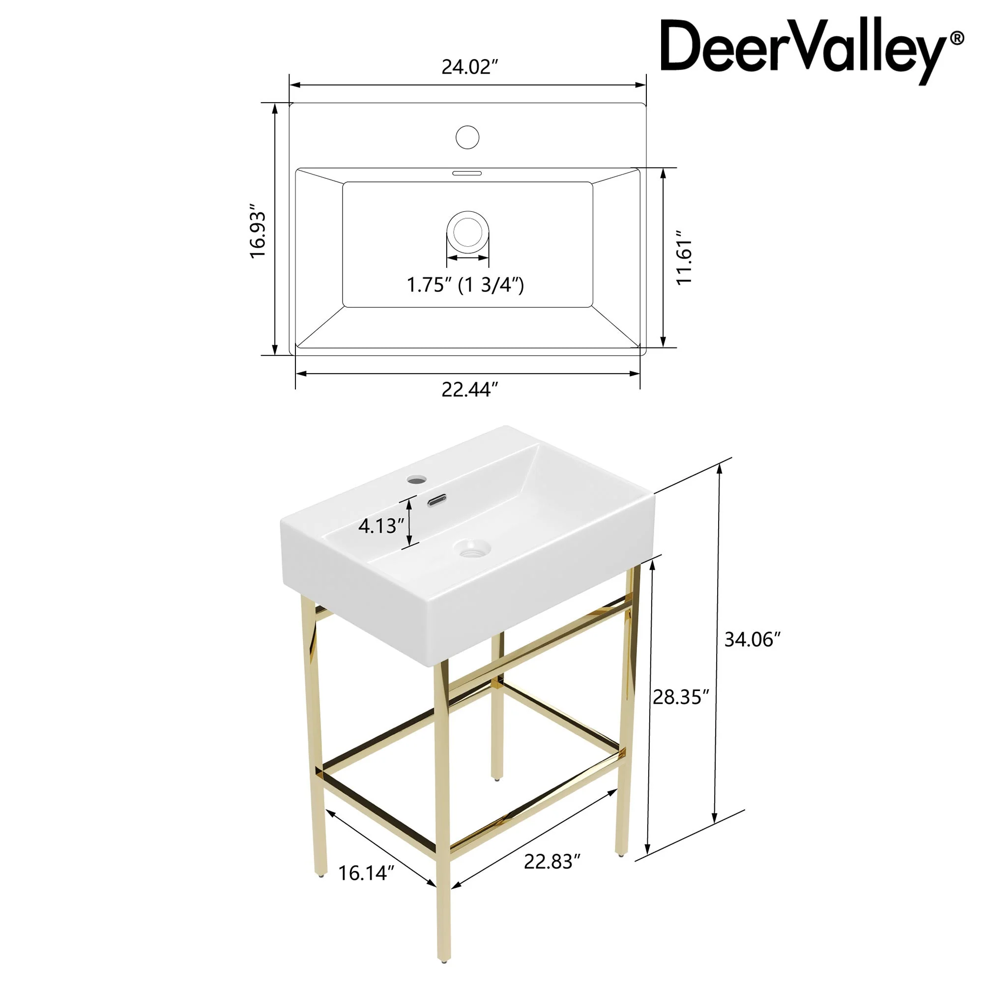 Bathroom Console Sink, 24" W x 17" D x 34" H Rectangular Bathroom Sink with Chrome/Gold/Black Legs Support Ceramic Sink with Overflow - Image 6
