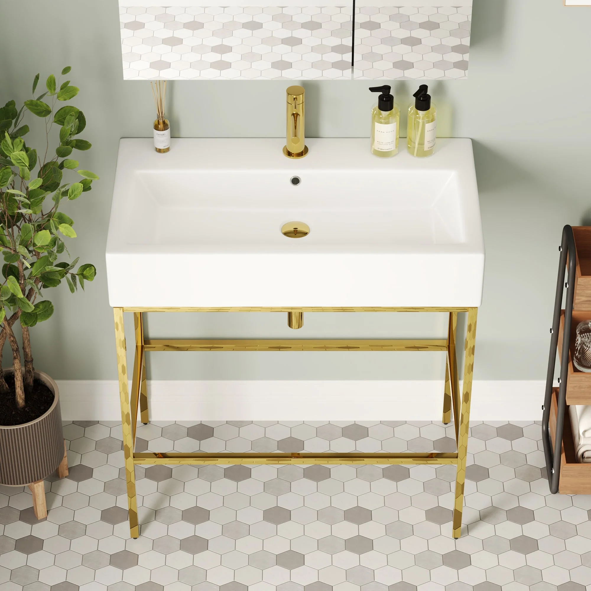 Bathroom Console Sink, 32" W x 17" D x 34" H Rectangular Bathroom Sink with Chrome/Gold/Black Legs Support Ceramic Sink with Overflow. - Image 3