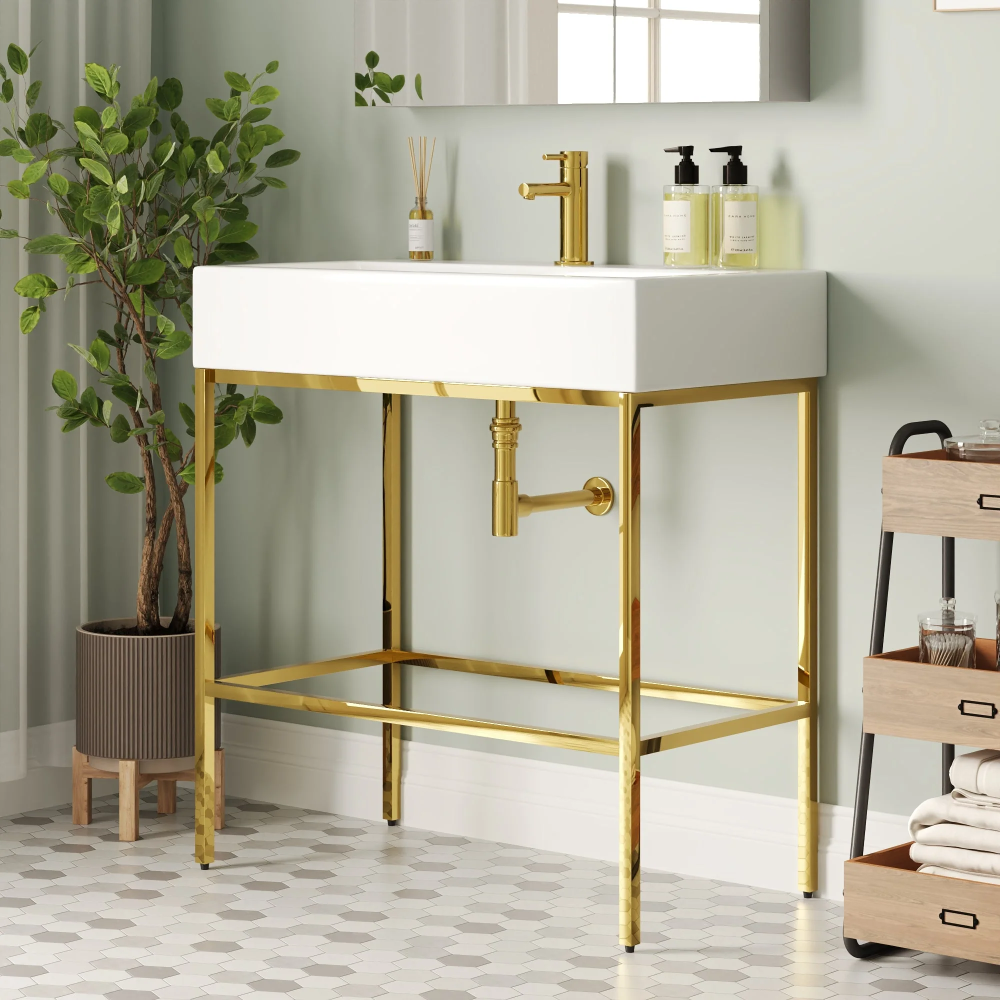 Bathroom Console Sink, 32" W x 17" D x 34" H Rectangular Bathroom Sink with Chrome/Gold/Black Legs Support Ceramic Sink with Overflow. - Image 4