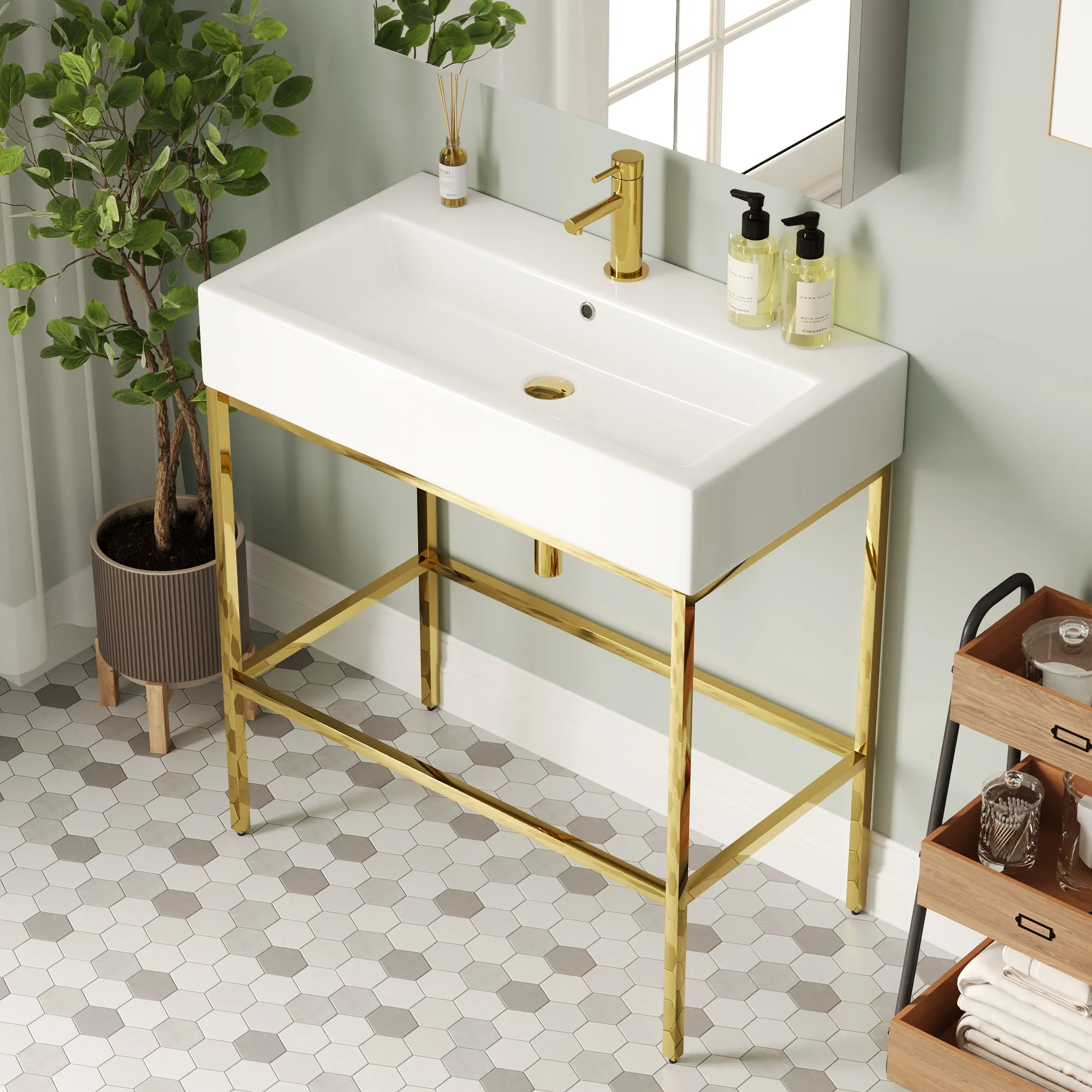 Bathroom Console Sink, 32" W x 17" D x 34" H Rectangular Bathroom Sink with Chrome/Gold/Black Legs Support Ceramic Sink with Overflow. - Image 5