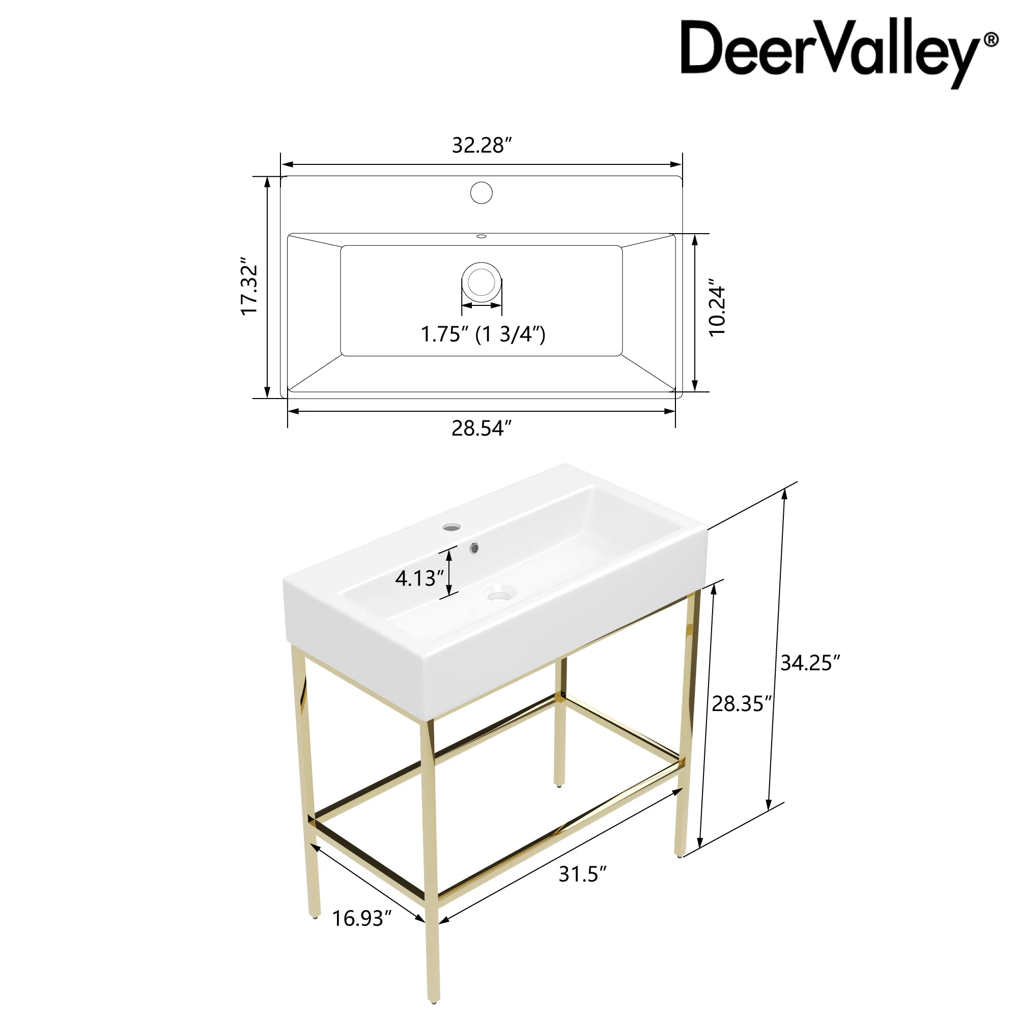 Bathroom Console Sink, 32" W x 17" D x 34" H Rectangular Bathroom Sink with Chrome/Gold/Black Legs Support Ceramic Sink with Overflow. - Image 6