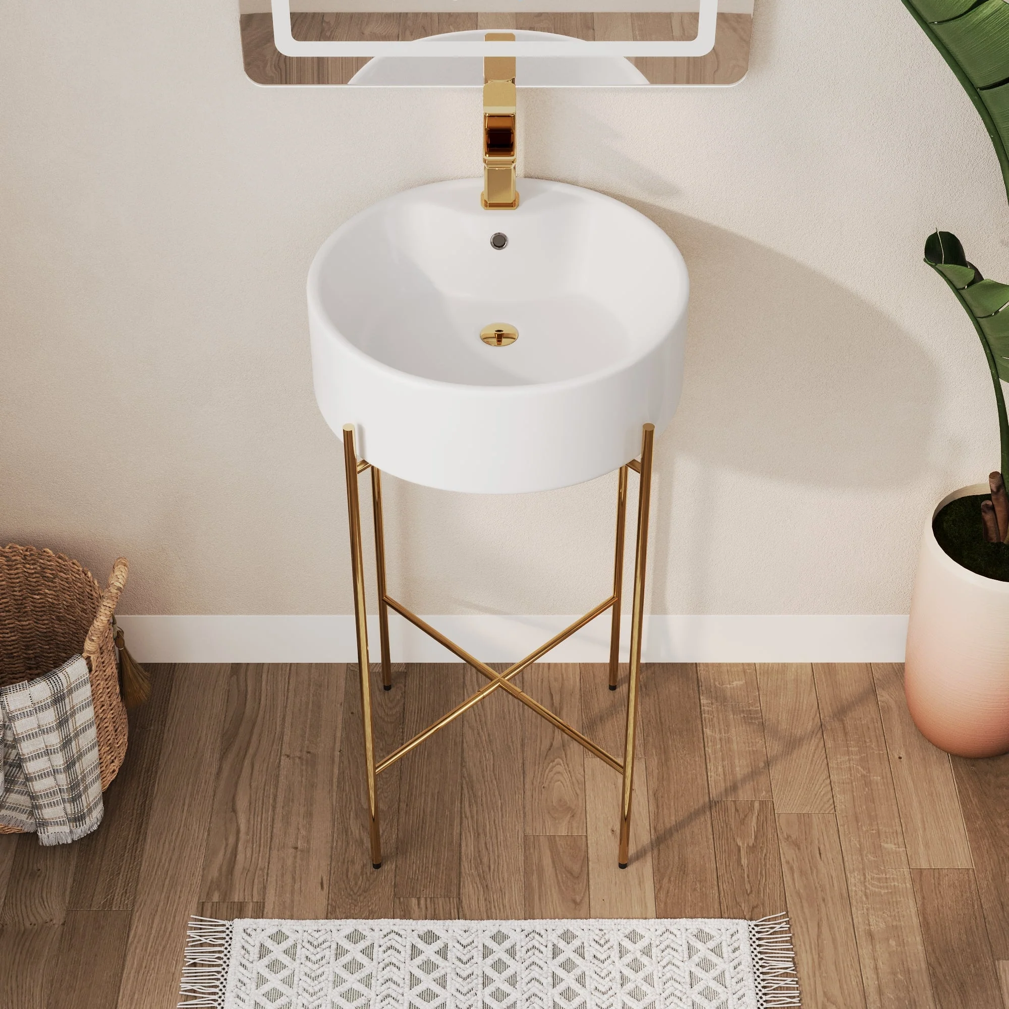Bathroom Console Sink, Round Bathroom Sink with Chrome/Gold/Black Legs Support Ceramic Sink with Overflow. - Image 11