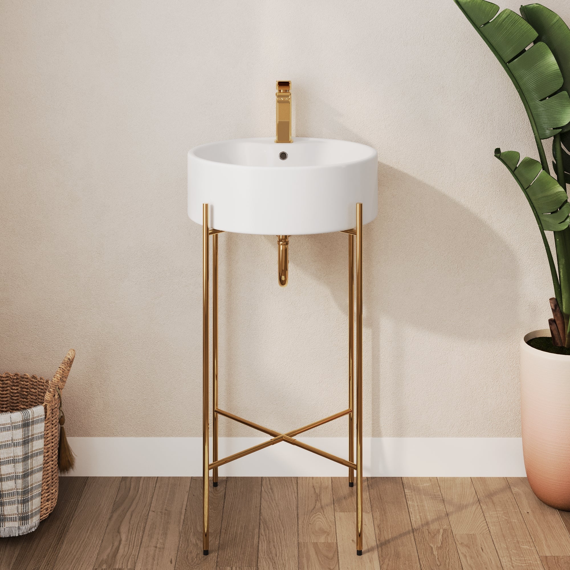 Bathroom Console Sink, Round Bathroom Sink with Chrome/Gold/Black Legs Support Ceramic Sink with Overflow. - Image 12