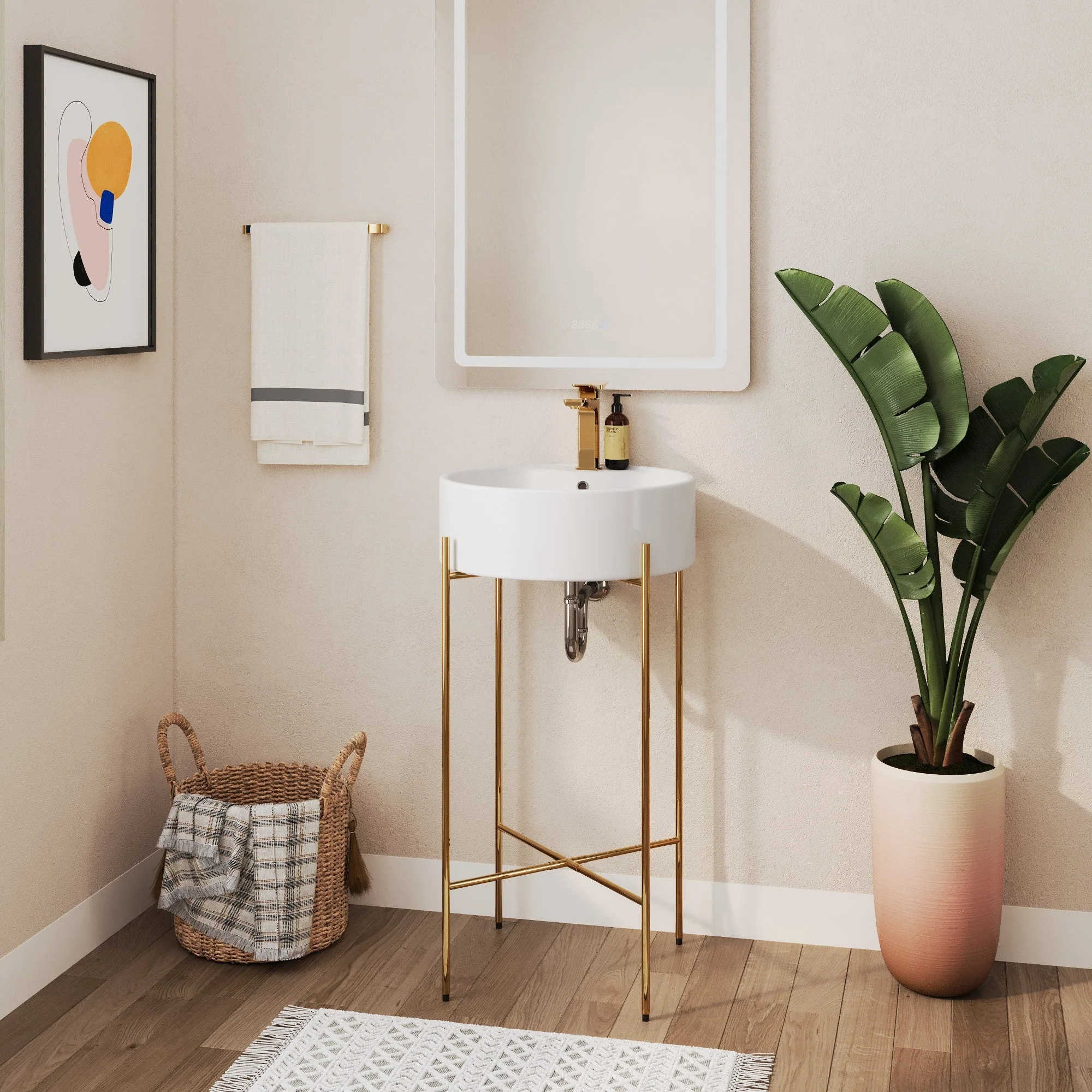 Bathroom Console Sink, Round Bathroom Sink with Chrome/Gold/Black Legs Support Ceramic Sink with Overflow. - Image 2