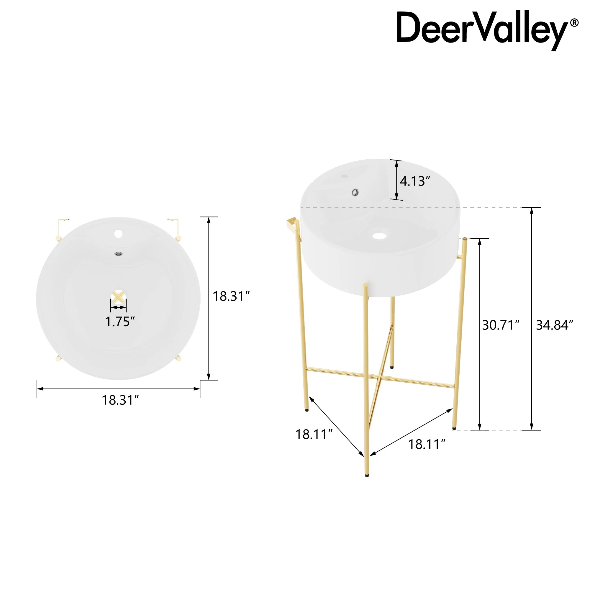 Bathroom Console Sink, Round Bathroom Sink with Chrome/Gold/Black Legs Support Ceramic Sink with Overflow. - Image 3