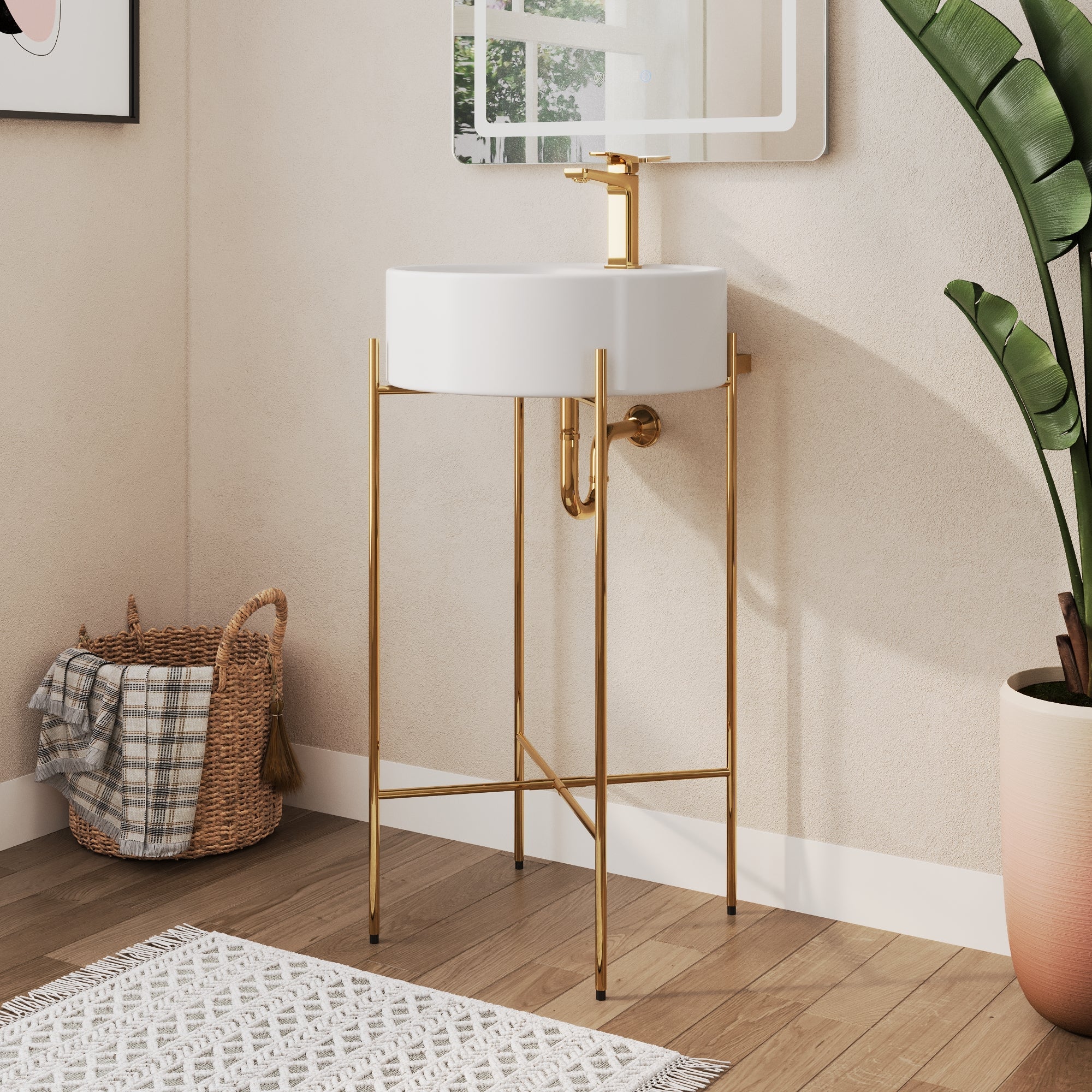 Bathroom Console Sink, Round Bathroom Sink with Chrome/Gold/Black Legs Support Ceramic Sink with Overflow. - Image 4
