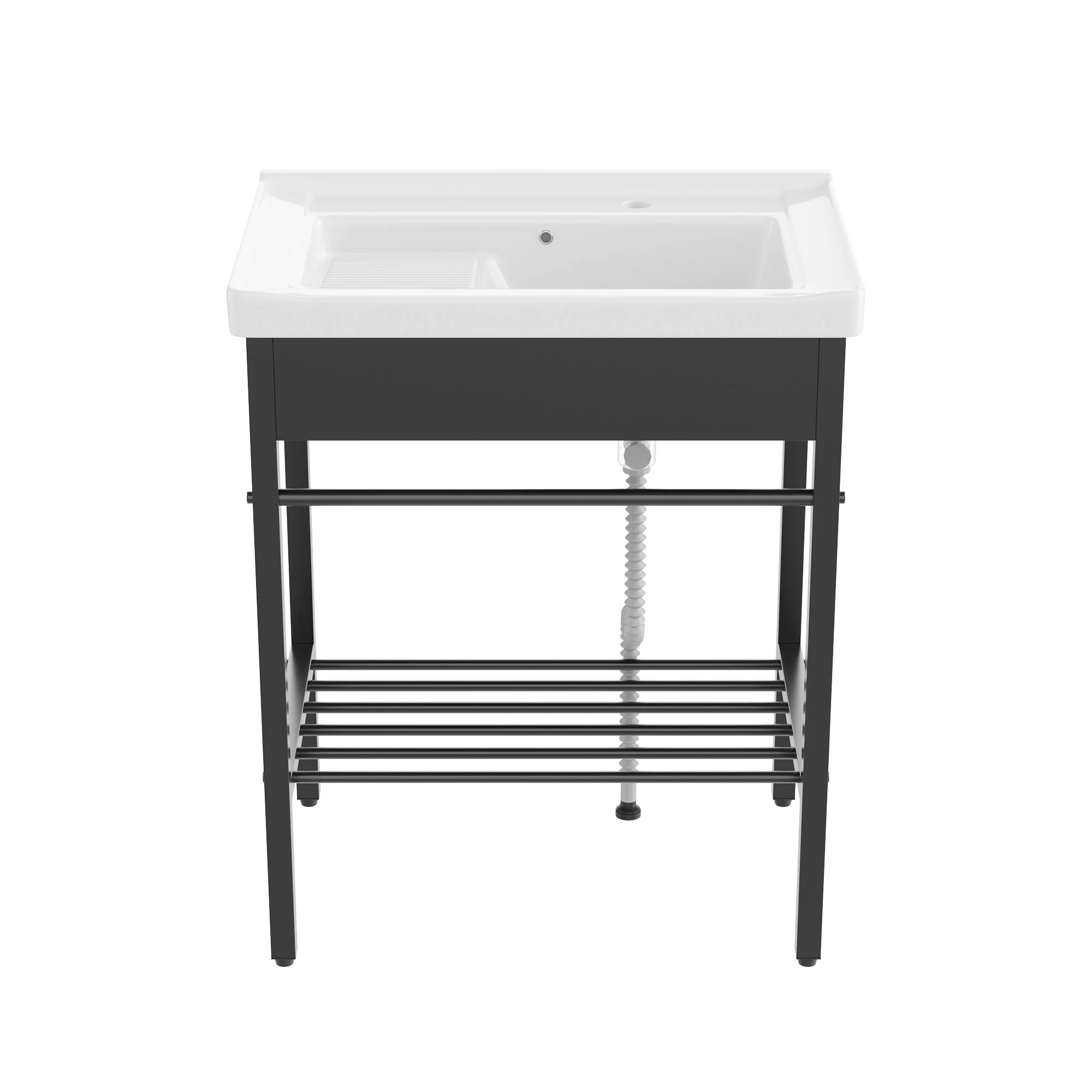 DeerValley 28"x18.5" Console Bathroom Sink, Freestanding Utility Sink with Integrated Washboard and Stainless Steel Frame, Modern White Ceramic Laundry Tub with Open Shelf,  Matte Black, DV-1CS0388B - Image 12