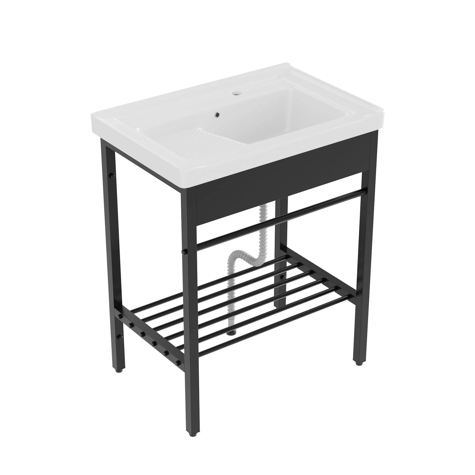 DeerValley 28"x18.5" Console Bathroom Sink, Freestanding Utility Sink with Integrated Washboard and Stainless Steel Frame, Modern White Ceramic Laundry Tub with Open Shelf,  Matte Black, DV-1CS0388B - Image 13