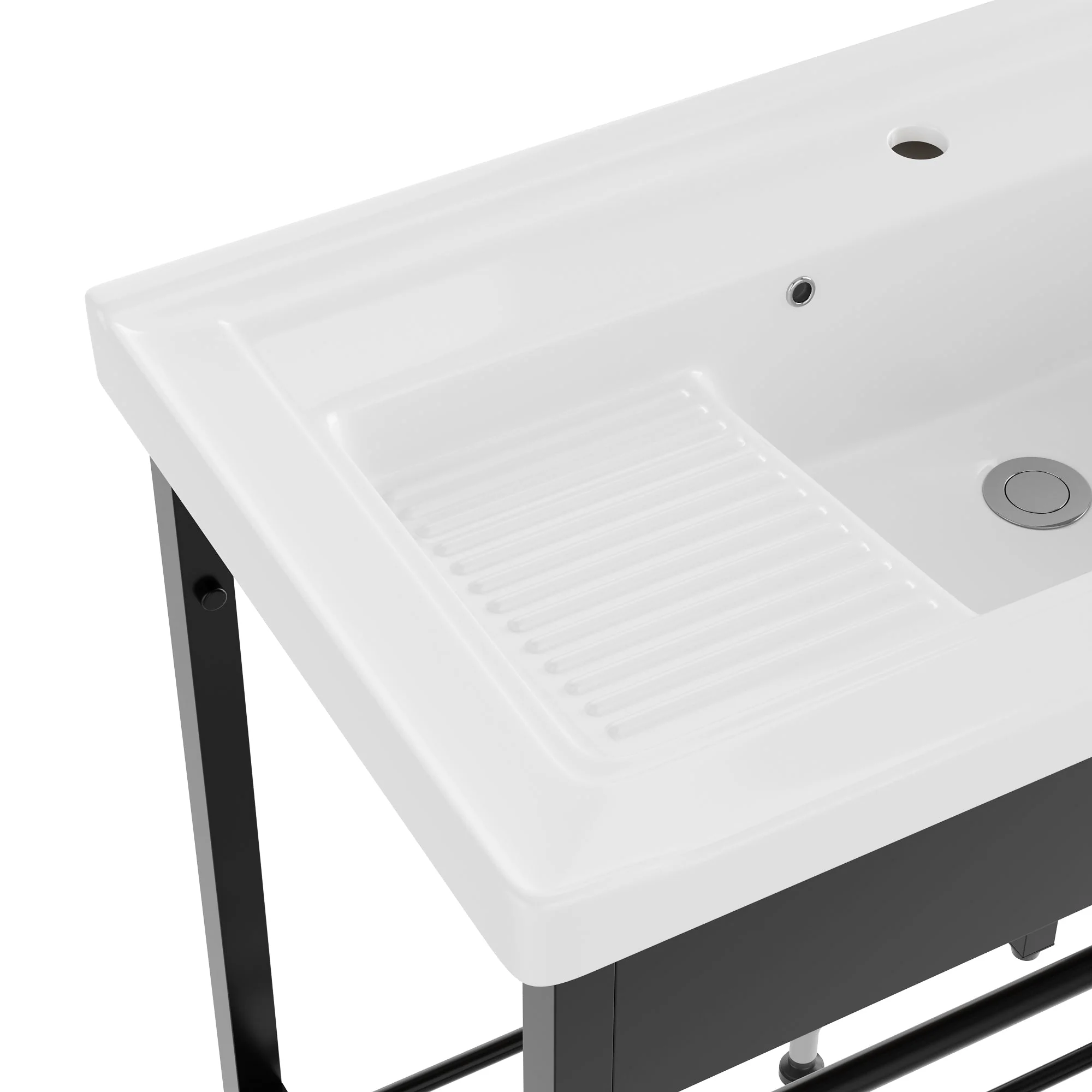 DeerValley 28"x18.5" Console Bathroom Sink, Freestanding Utility Sink with Integrated Washboard and Stainless Steel Frame, Modern White Ceramic Laundry Tub with Open Shelf,  Matte Black, DV-1CS0388B - Image 14
