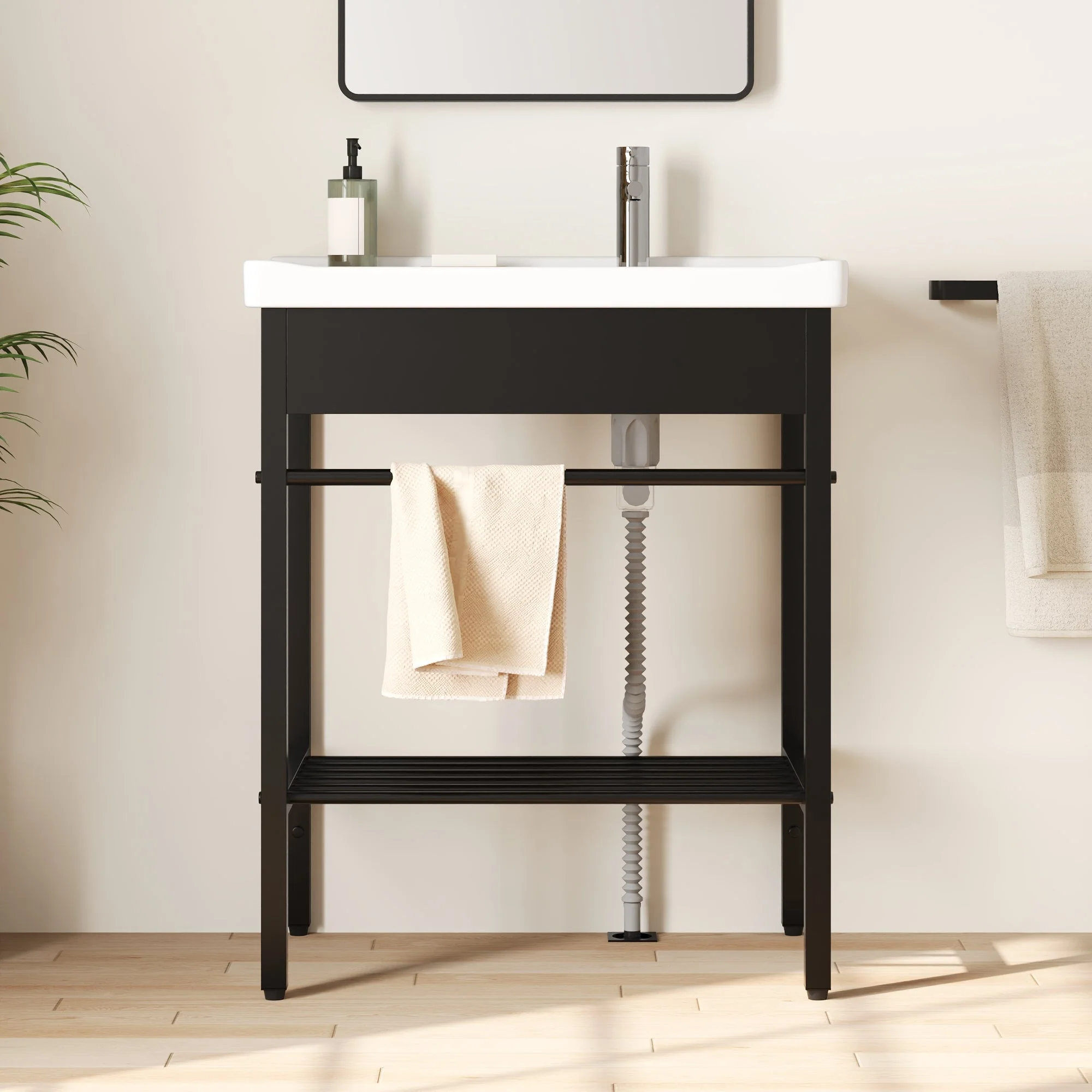 DeerValley 28"x18.5" Console Bathroom Sink, Freestanding Utility Sink with Integrated Washboard and Stainless Steel Frame, Modern White Ceramic Laundry Tub with Open Shelf,  Matte Black, DV-1CS0388B - Image 2