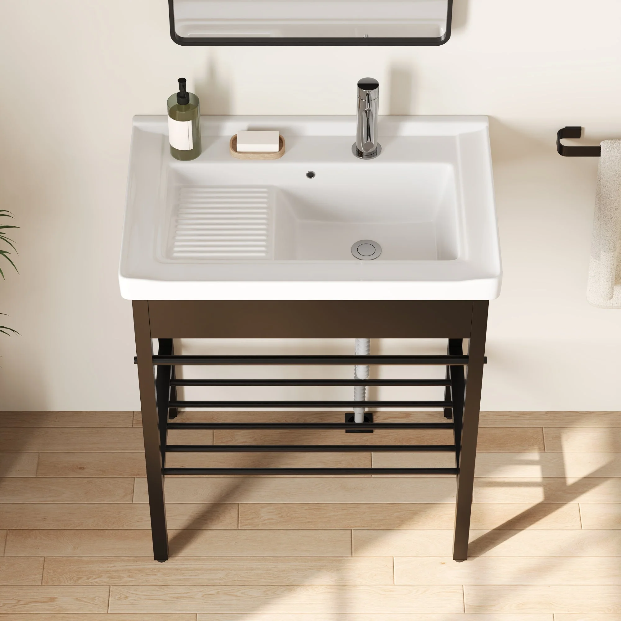 DeerValley 28"x18.5" Console Bathroom Sink, Freestanding Utility Sink with Integrated Washboard and Stainless Steel Frame, Modern White Ceramic Laundry Tub with Open Shelf,  Matte Black, DV-1CS0388B - Image 3