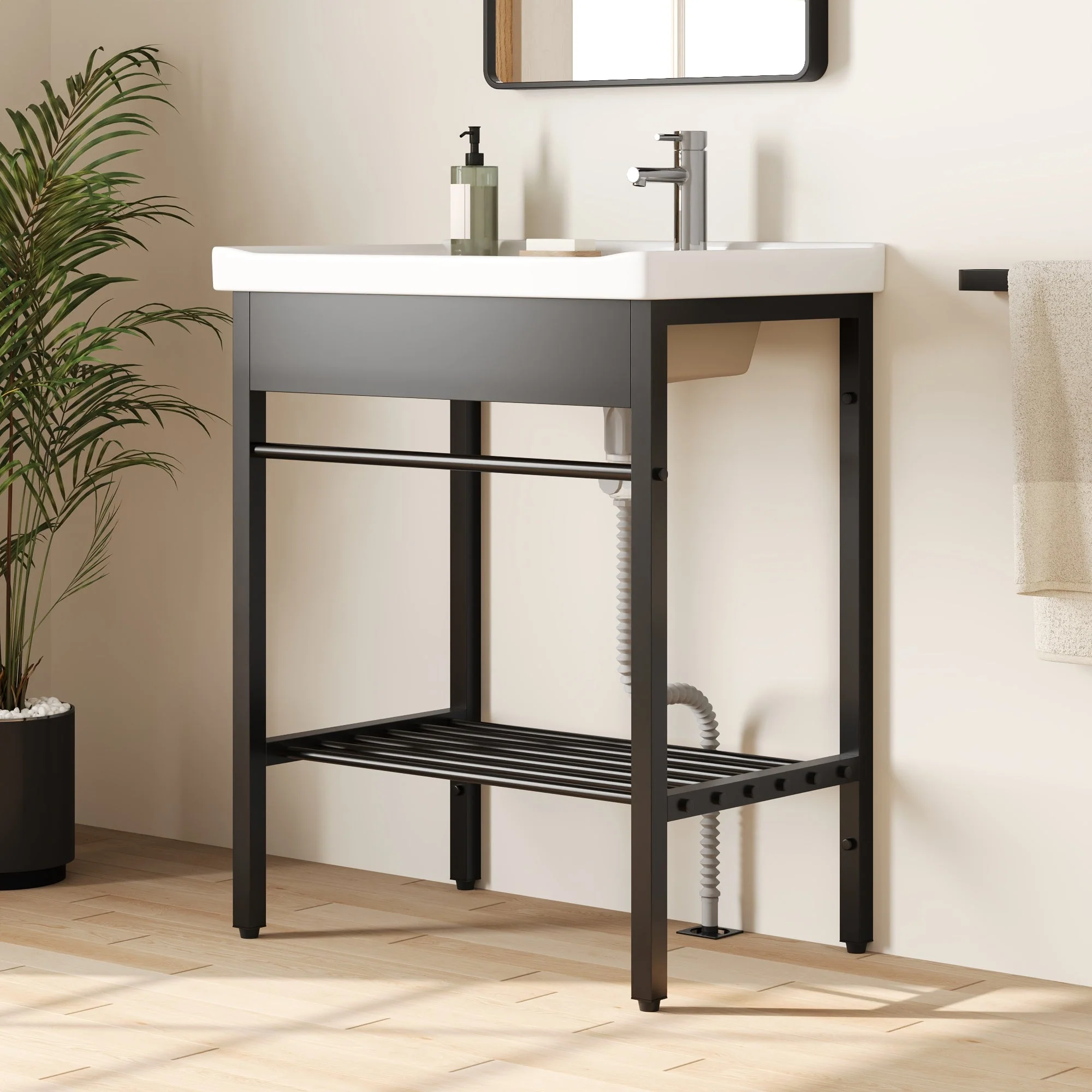 DeerValley 28"x18.5" Console Bathroom Sink, Freestanding Utility Sink with Integrated Washboard and Stainless Steel Frame, Modern White Ceramic Laundry Tub with Open Shelf,  Matte Black, DV-1CS0388B - Image 4