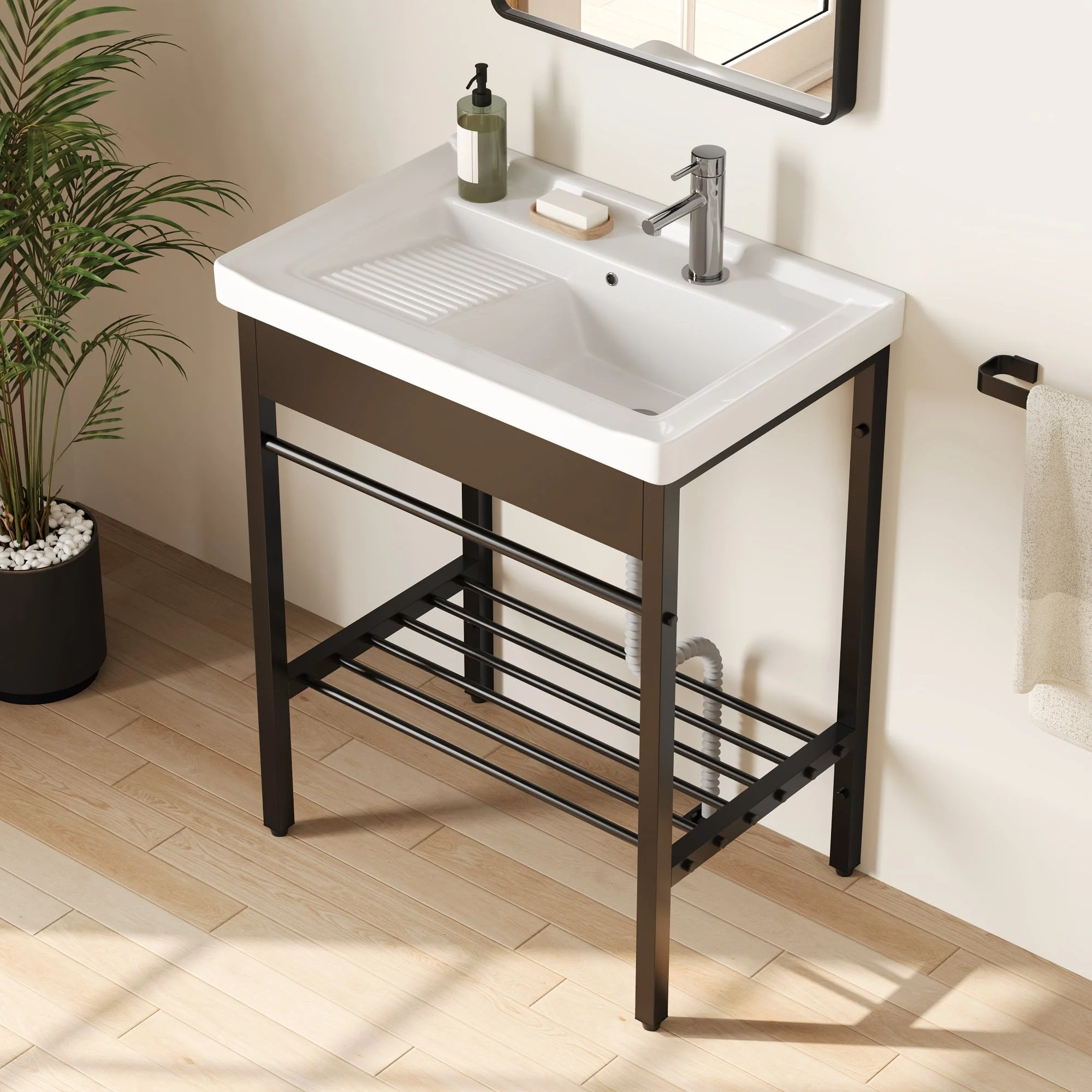 DeerValley 28"x18.5" Console Bathroom Sink, Freestanding Utility Sink with Integrated Washboard and Stainless Steel Frame, Modern White Ceramic Laundry Tub with Open Shelf,  Matte Black, DV-1CS0388B - Image 5