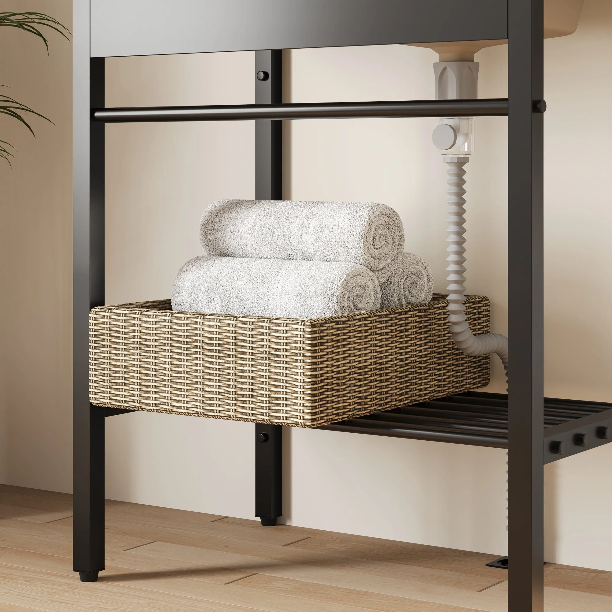 DeerValley 28"x18.5" Console Bathroom Sink, Freestanding Utility Sink with Integrated Washboard and Stainless Steel Frame, Modern White Ceramic Laundry Tub with Open Shelf,  Matte Black, DV-1CS0388B - Image 7