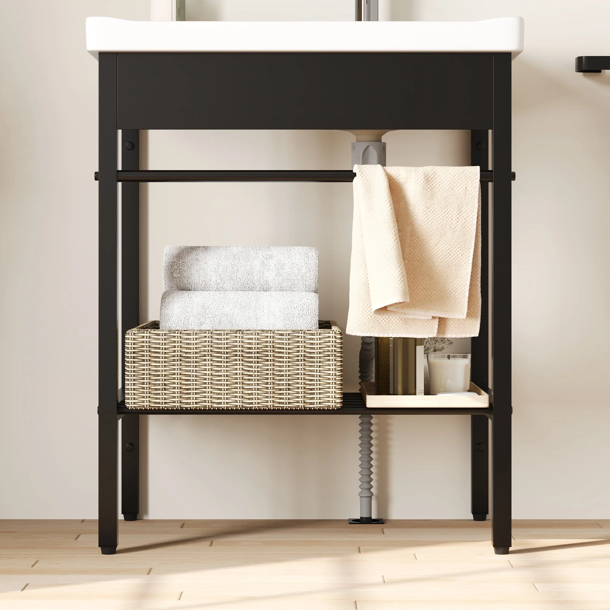 DeerValley 28"x18.5" Console Bathroom Sink, Freestanding Utility Sink with Integrated Washboard and Stainless Steel Frame, Modern White Ceramic Laundry Tub with Open Shelf,  Matte Black, DV-1CS0388B - Image 8