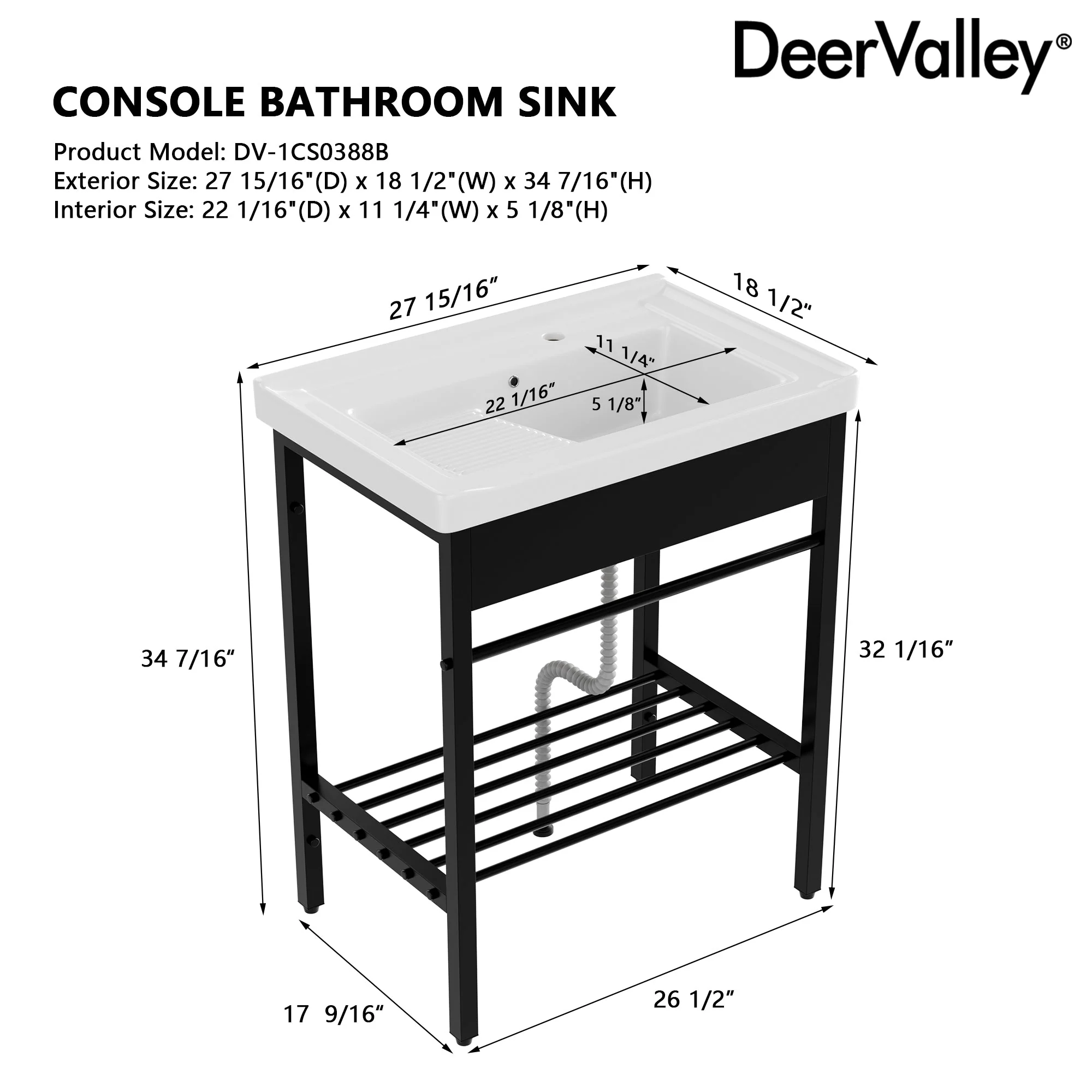 DeerValley 28"x18.5" Console Bathroom Sink, Freestanding Utility Sink with Integrated Washboard and Stainless Steel Frame, Modern White Ceramic Laundry Tub with Open Shelf,  Matte Black, DV-1CS0388B - Image 9
