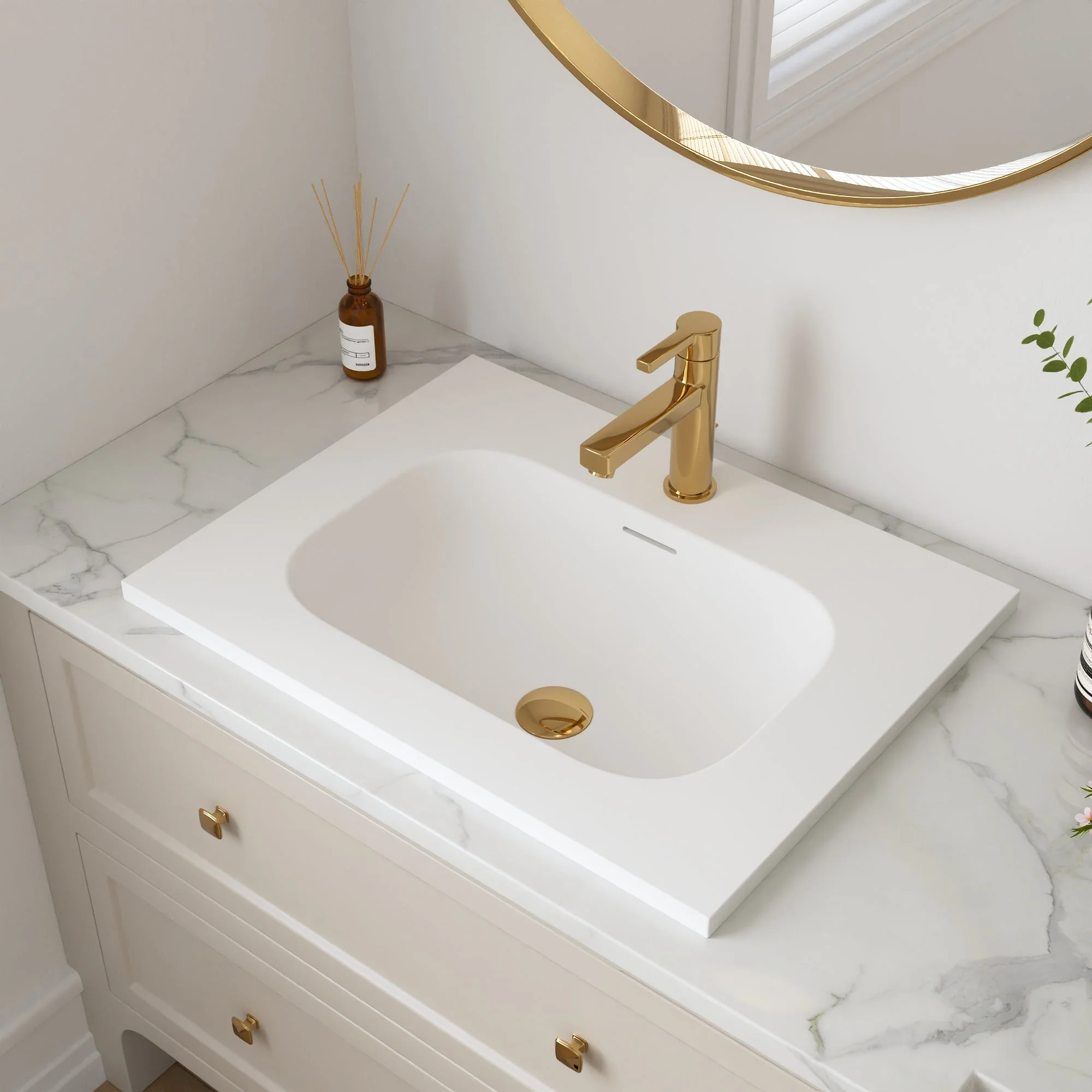 23 5/8" x 18 1/8" White Rectangular Acrylic Drop-in Bathroom Sink with Overflow and 35mm Faucet Hole - Image 3