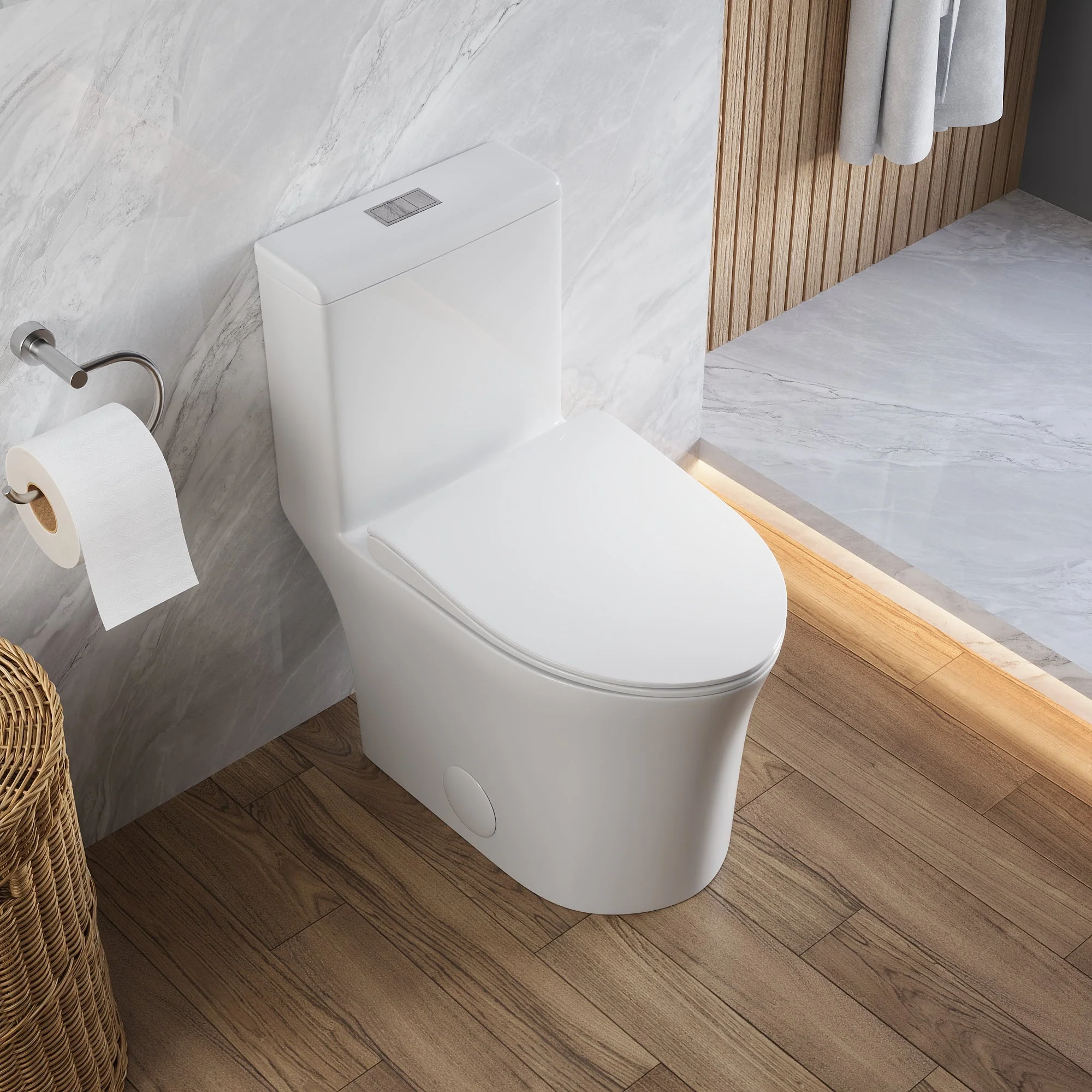 DeerValley Compact One-Piece Toilet for Small Bathrooms, Rimless Bowl Modern Elongated Toilet with Powerful Dual Flush, Soft-Close Seat, 12" Rough-In, High-Efficiency, Space-Saving & Quiet White Design, DV-1F0369 - Image 3