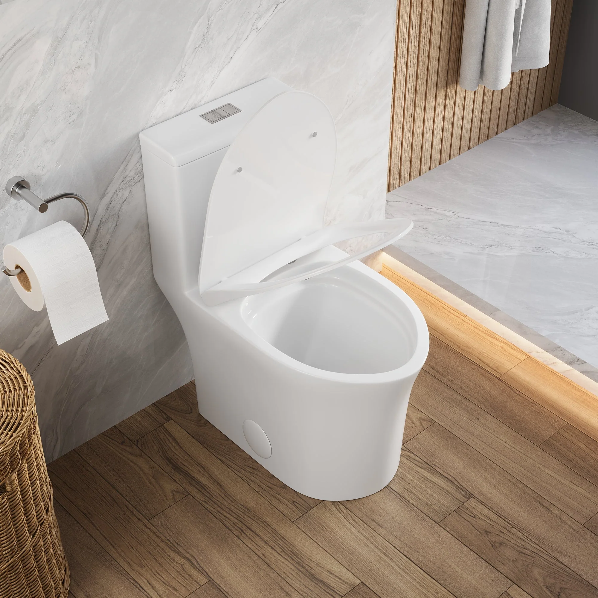 DeerValley Compact One-Piece Toilet for Small Bathrooms, Rimless Bowl Modern Elongated Toilet with Powerful Dual Flush, Soft-Close Seat, 12" Rough-In, High-Efficiency, Space-Saving & Quiet White Design, DV-1F0369 - Image 4