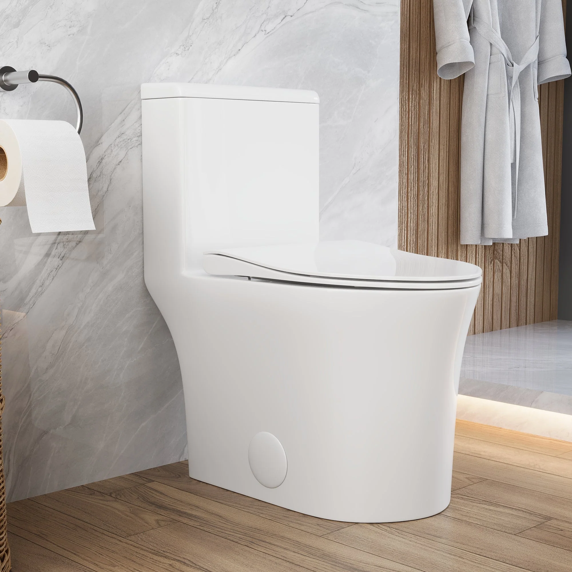 DeerValley Compact One-Piece Toilet for Small Bathrooms, Rimless Bowl Modern Elongated Toilet with Powerful Dual Flush, Soft-Close Seat, 12" Rough-In, High-Efficiency, Space-Saving & Quiet White Design, DV-1F0369 - Image 5