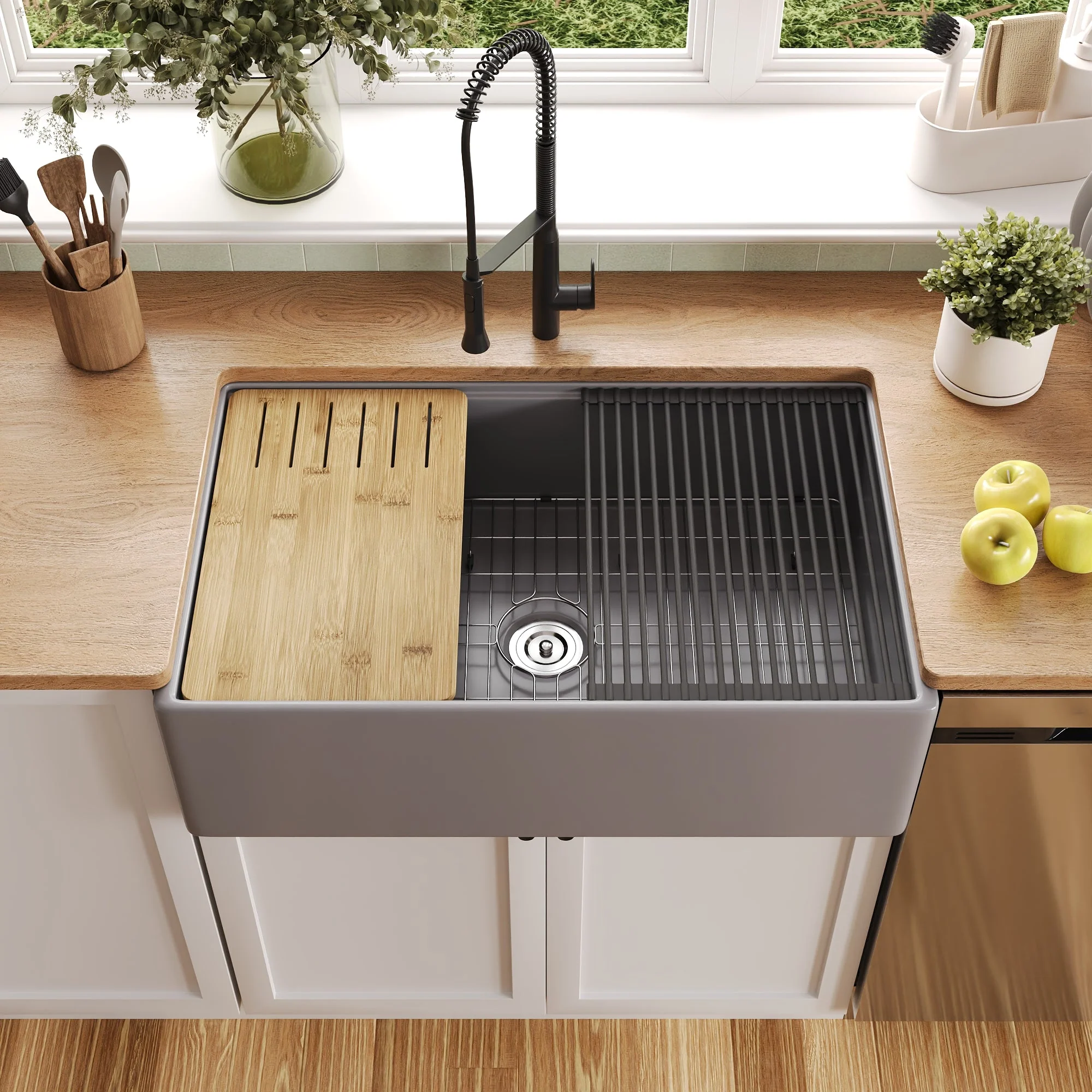 DeerValley DV-1K0161W Workstation Farmhouse Kitchen Sink Deep Single Bowl with Accessories - Image 17
