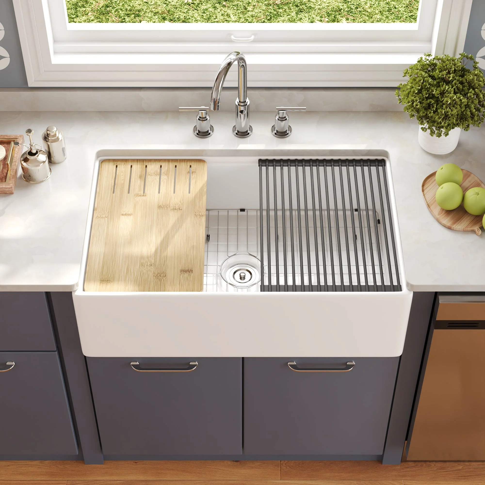DeerValley DV-1K0161W Workstation Farmhouse Kitchen Sink Deep Single Bowl with Accessories - Image 4