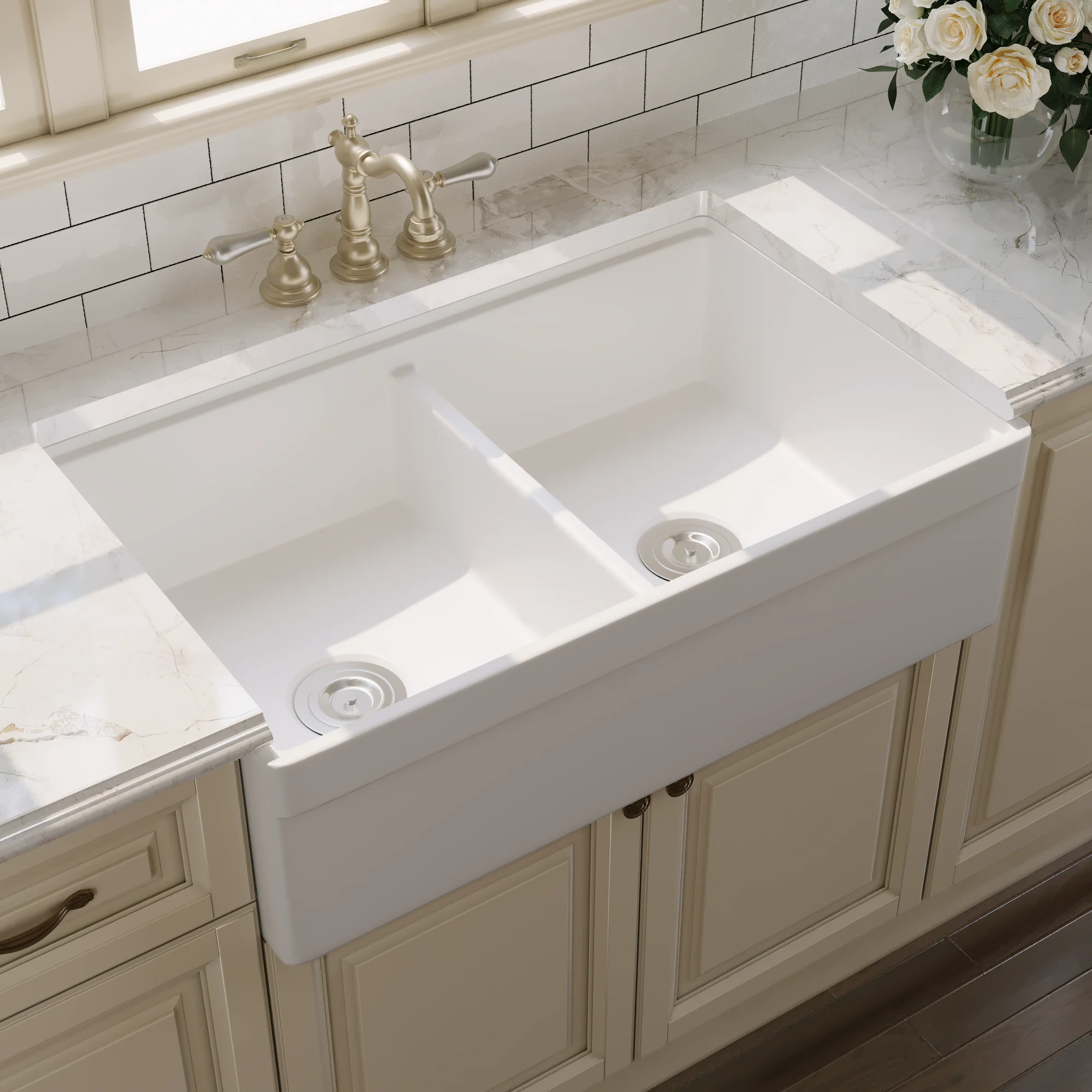 DeerValley DV-1K0162W Workstation Kitchen Sinks 33in Apron Double Bowl - Image 6