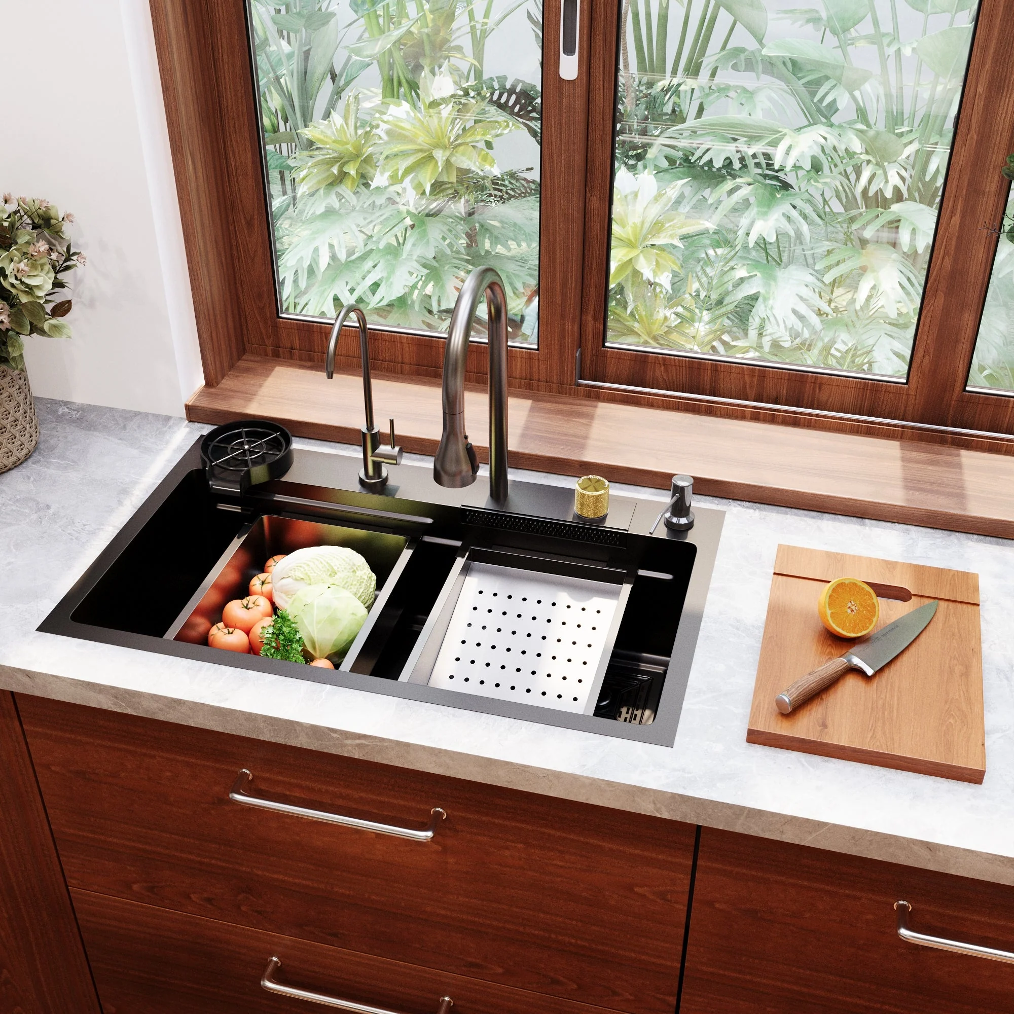 DeerValley DV-1K0183 Stainless Steel Kitchen Sinks Nano Dual-Ledge Work Waterfall Quiet - Image 3