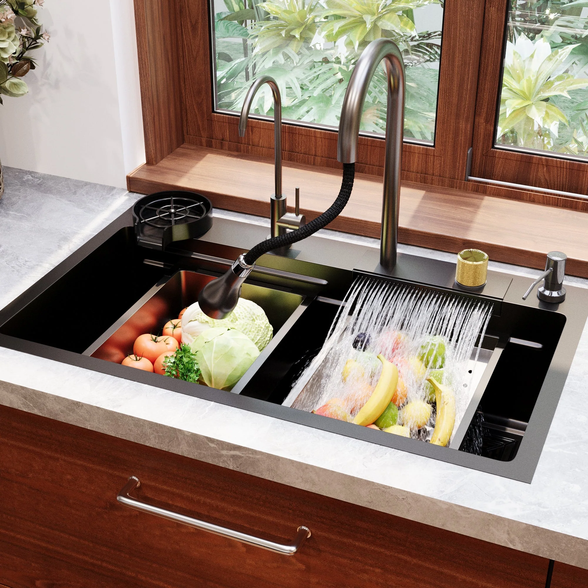 DeerValley DV-1K0183 Stainless Steel Kitchen Sinks Nano Dual-Ledge Work Waterfall Quiet - Image 4