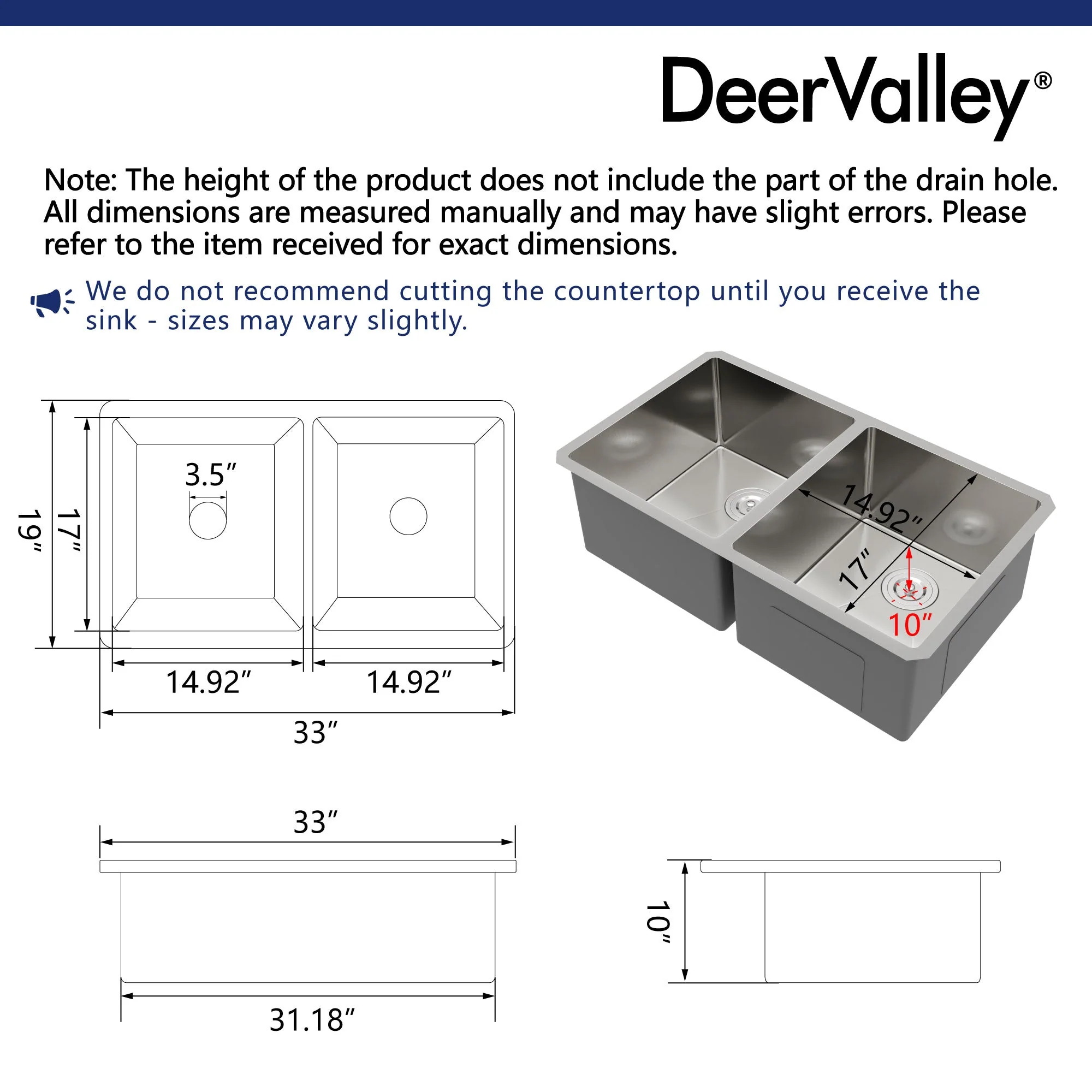 33" Rectangular Undermount Kitchen Sink, Stainless Steel Double Bowl - Image 11