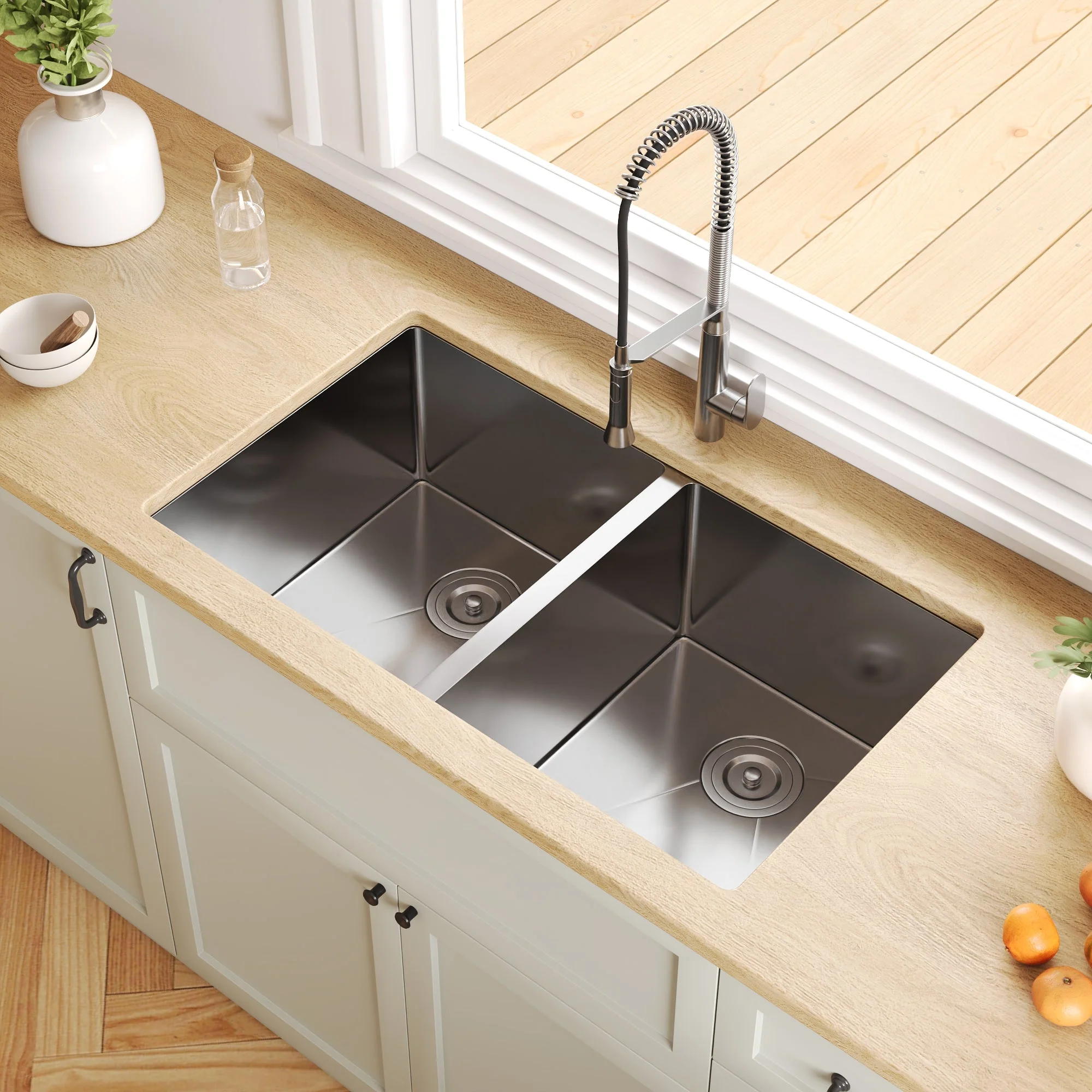 33" Rectangular Undermount Kitchen Sink, Stainless Steel Double Bowl - Image 5