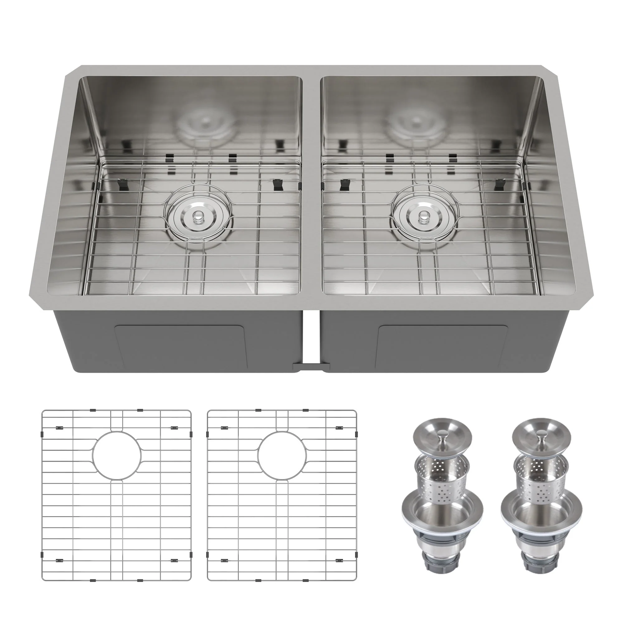 33" Rectangular Undermount Kitchen Sink, Stainless Steel Double Bowl - Image 7
