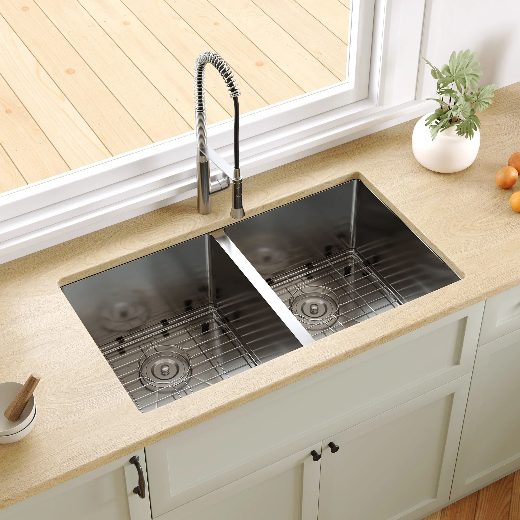 33" Rectangular Undermount Kitchen Sink, Stainless Steel Double Bowl - Image 9