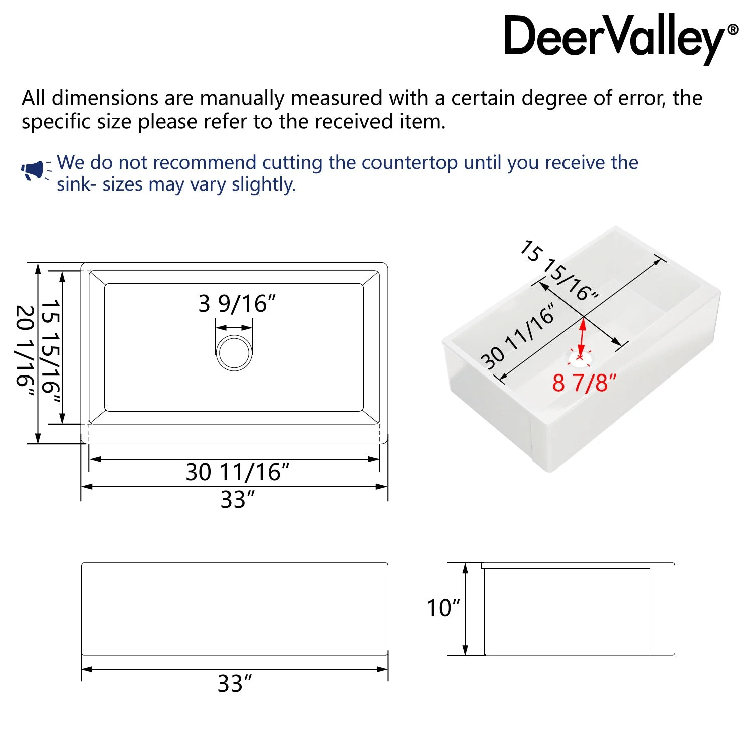 DeerValley 33" L x 20" W White Farmhouse Kitchen Sink, Fireclay Apron Front Farm Sink with Sink Grid & Basket Strainer - Image 11