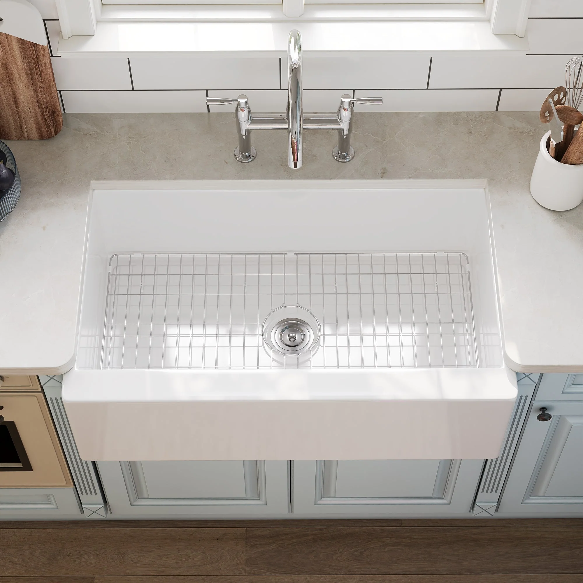 DeerValley 33" L x 20" W White Farmhouse Kitchen Sink, Fireclay Apron Front Farm Sink with Sink Grid & Basket Strainer - Image 2