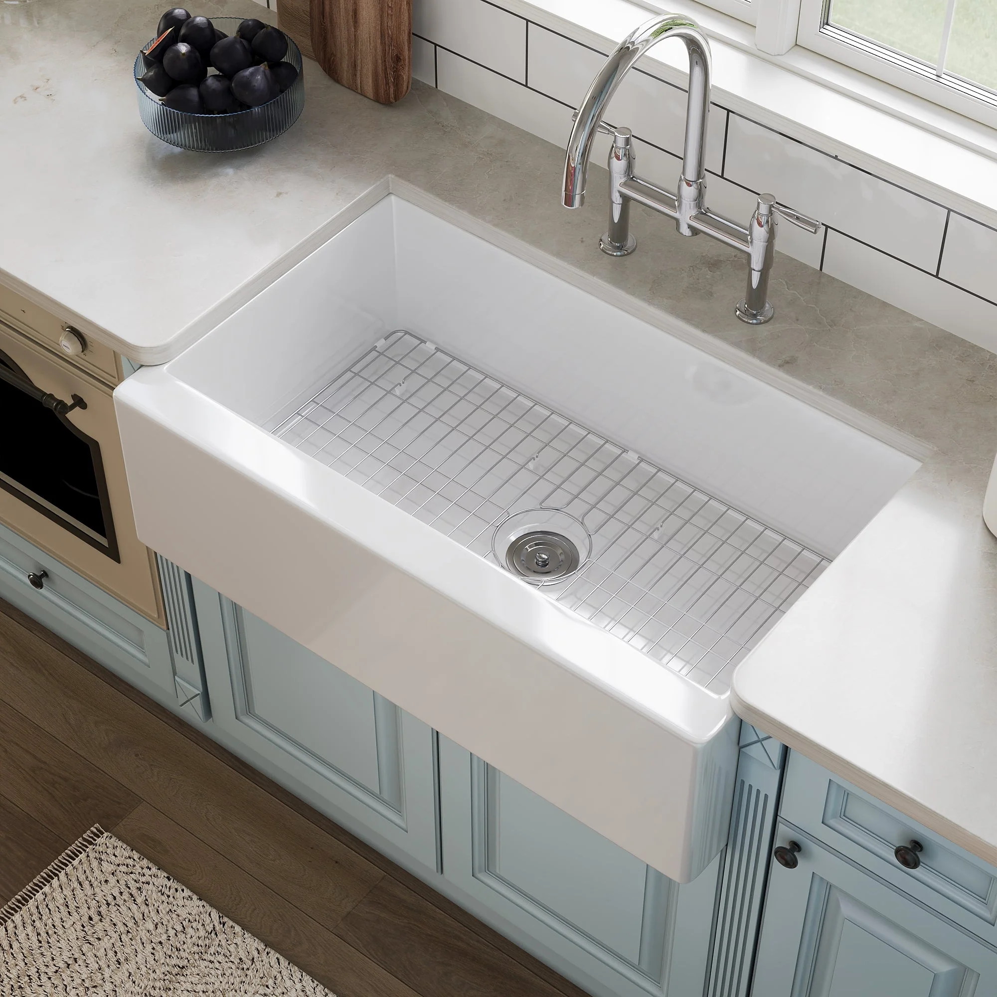 DeerValley 33" L x 20" W White Farmhouse Kitchen Sink, Fireclay Apron Front Farm Sink with Sink Grid & Basket Strainer - Image 3
