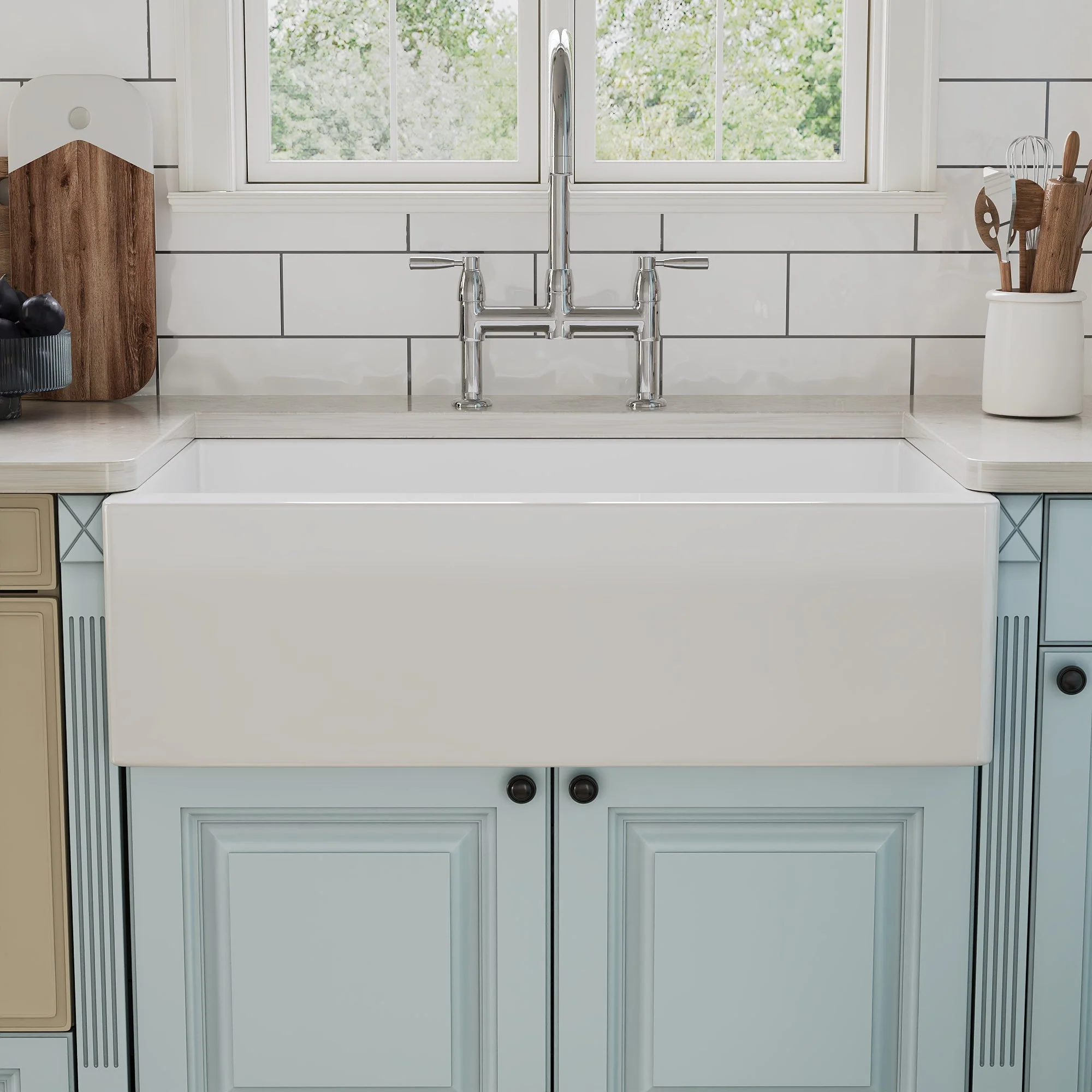 DeerValley 33" L x 20" W White Farmhouse Kitchen Sink, Fireclay Apron Front Farm Sink with Sink Grid & Basket Strainer - Image 5