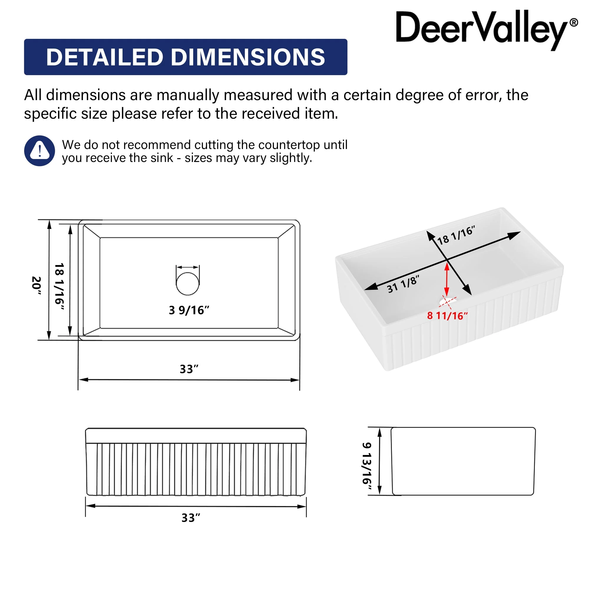 DeerValley DV-1K0263 Farmhouse Kitchen Sinks Chef Workstation Fireclay 33-Inch - Image 7